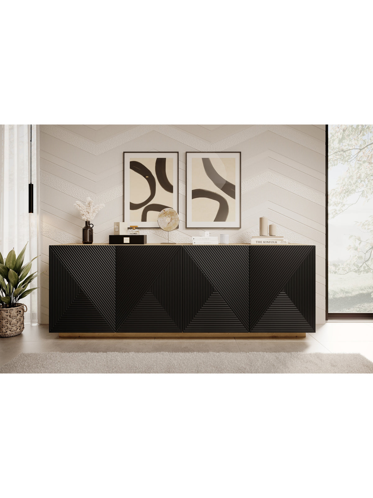 Komoda Asha 200 cm s frézovaným frontom - artisan / Čierny mat