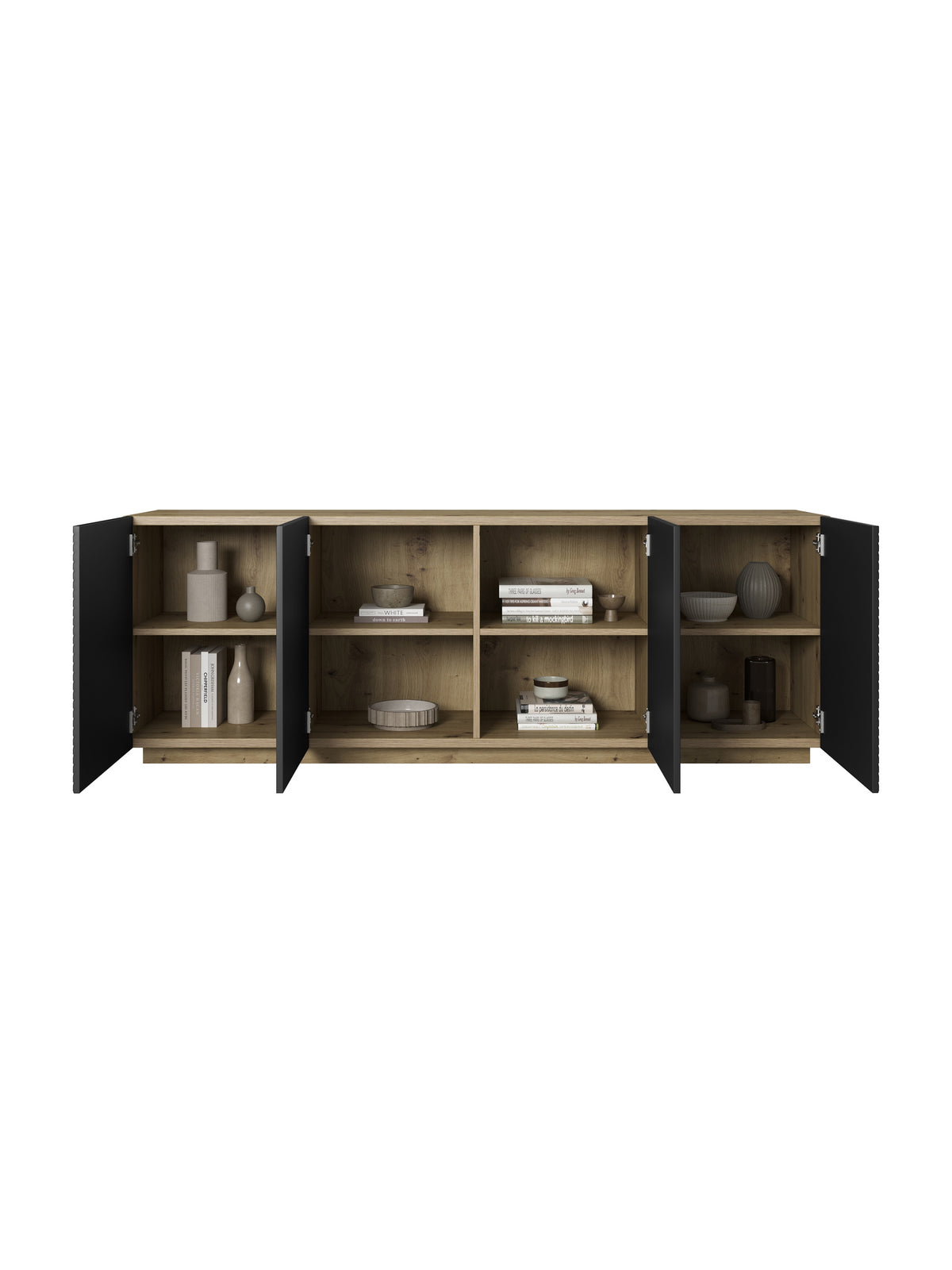 Komoda Asha 200 cm s frézovaným frontom - artisan / Čierny mat