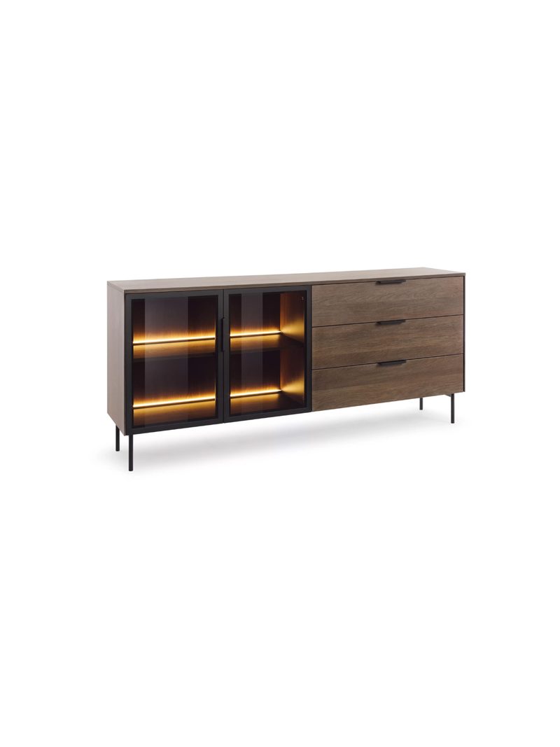 Komoda Auri 181 cm s zásuvkami a LED osvetlením, dub dunin a čierne nohy