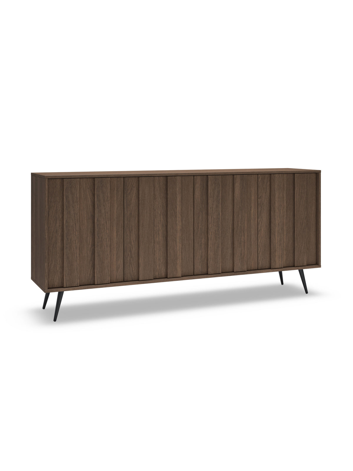 Komoda Flaro 183 cm s LED osvetlením, tmavé drevo dub dunin, čierne kovové nohy