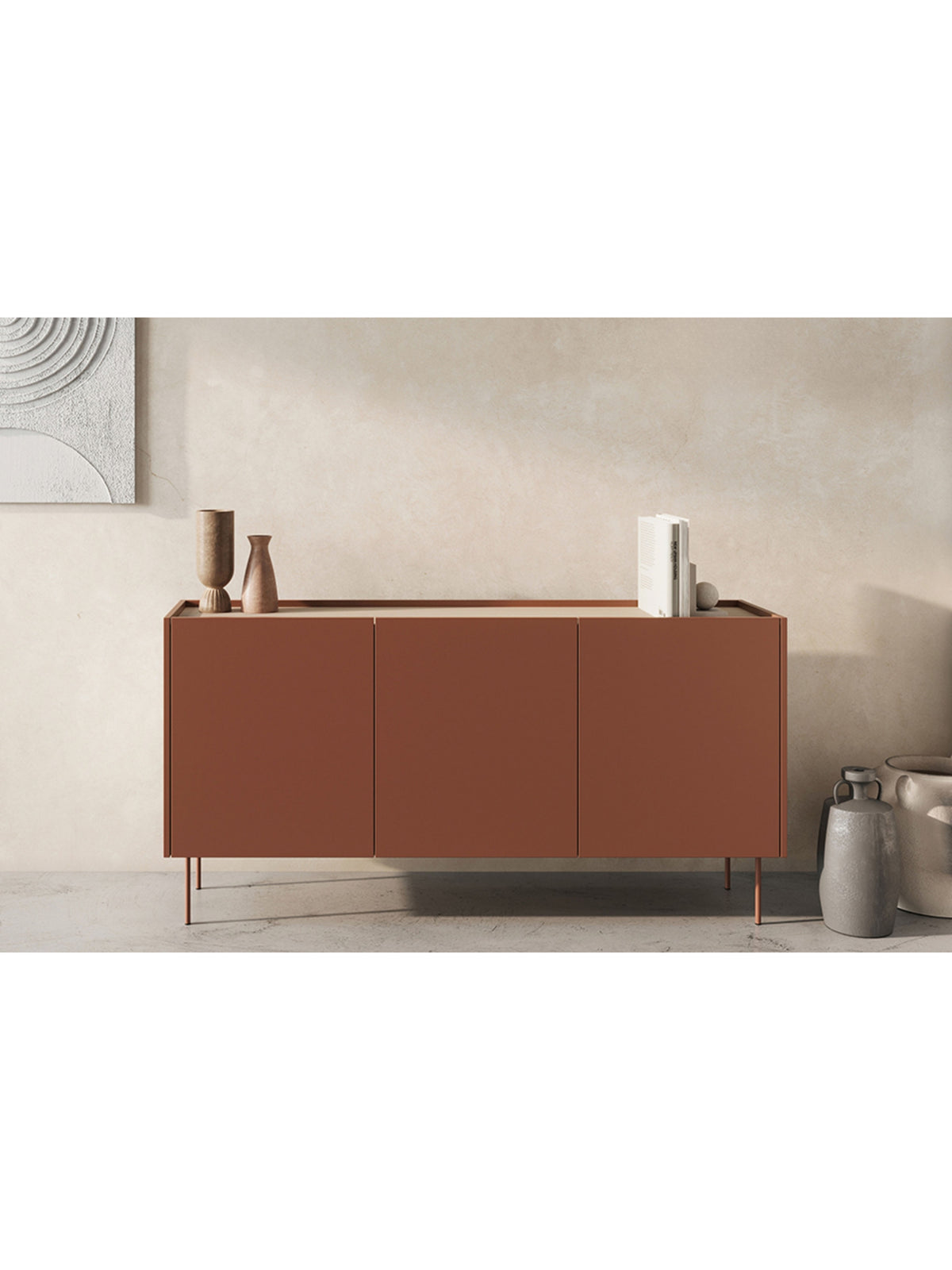 Komoda Desin 170 cm trojdverová bordová ceramic red so stolom dub Nagano