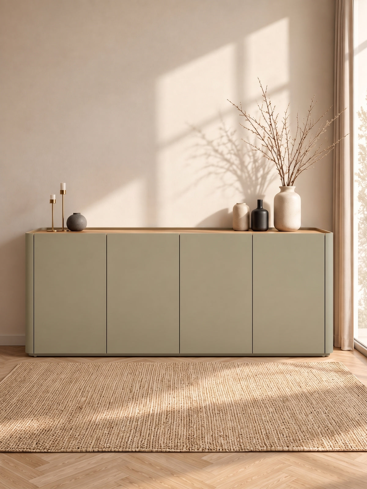 Komoda Elivo 200 cm so štyrmi dverami v olivovej farbe s doskou dąb baltic dune