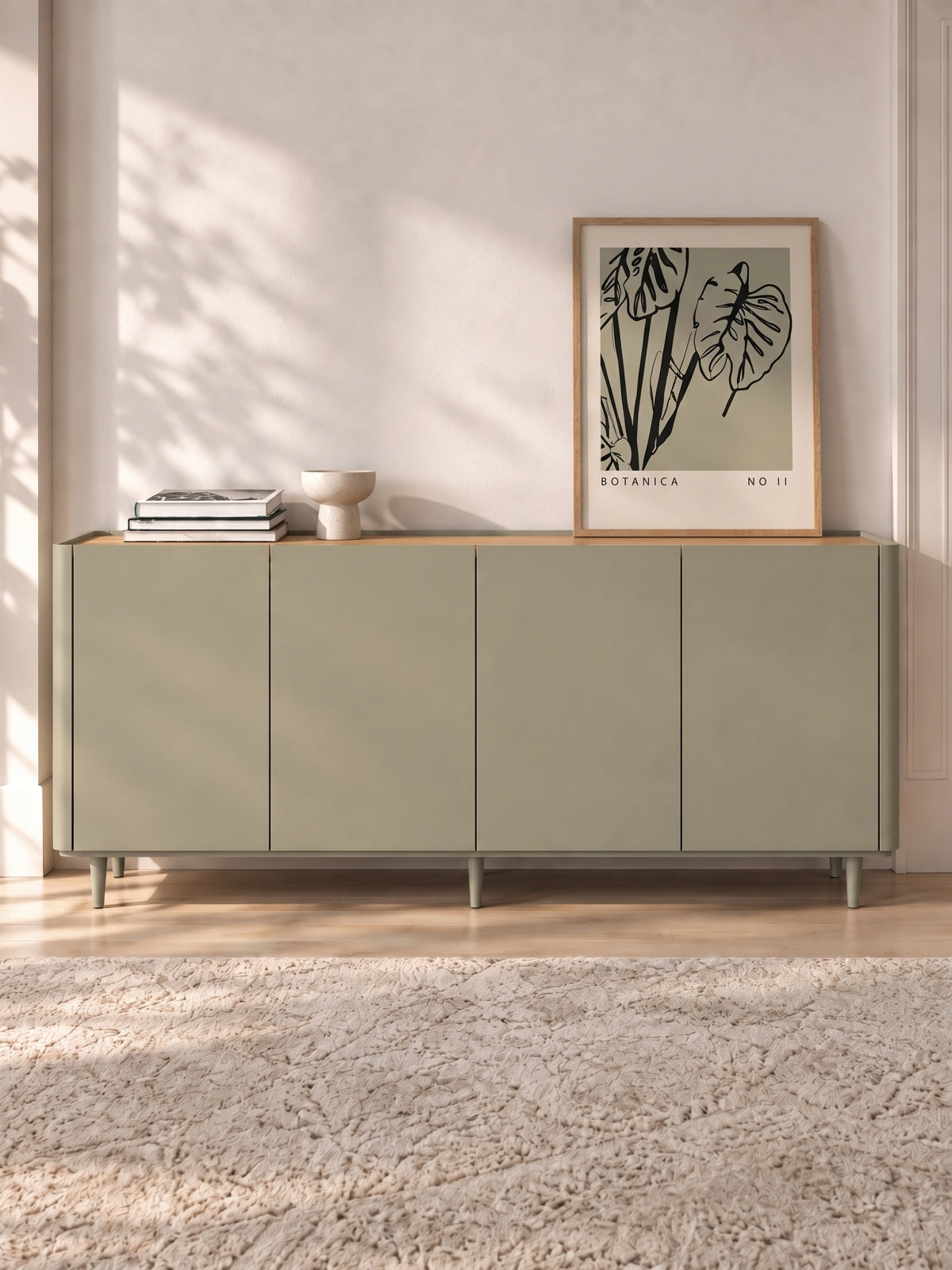 Komoda Elivo 200 cm so štyrmi dverami na nožičkách v farbe eukalyptus s doskou dub baltic dune