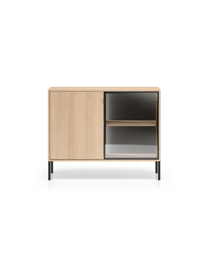 Komoda Harmona 107 cm s dvoma dverami a LED osvetlením, dub lindberg, čierne nohy