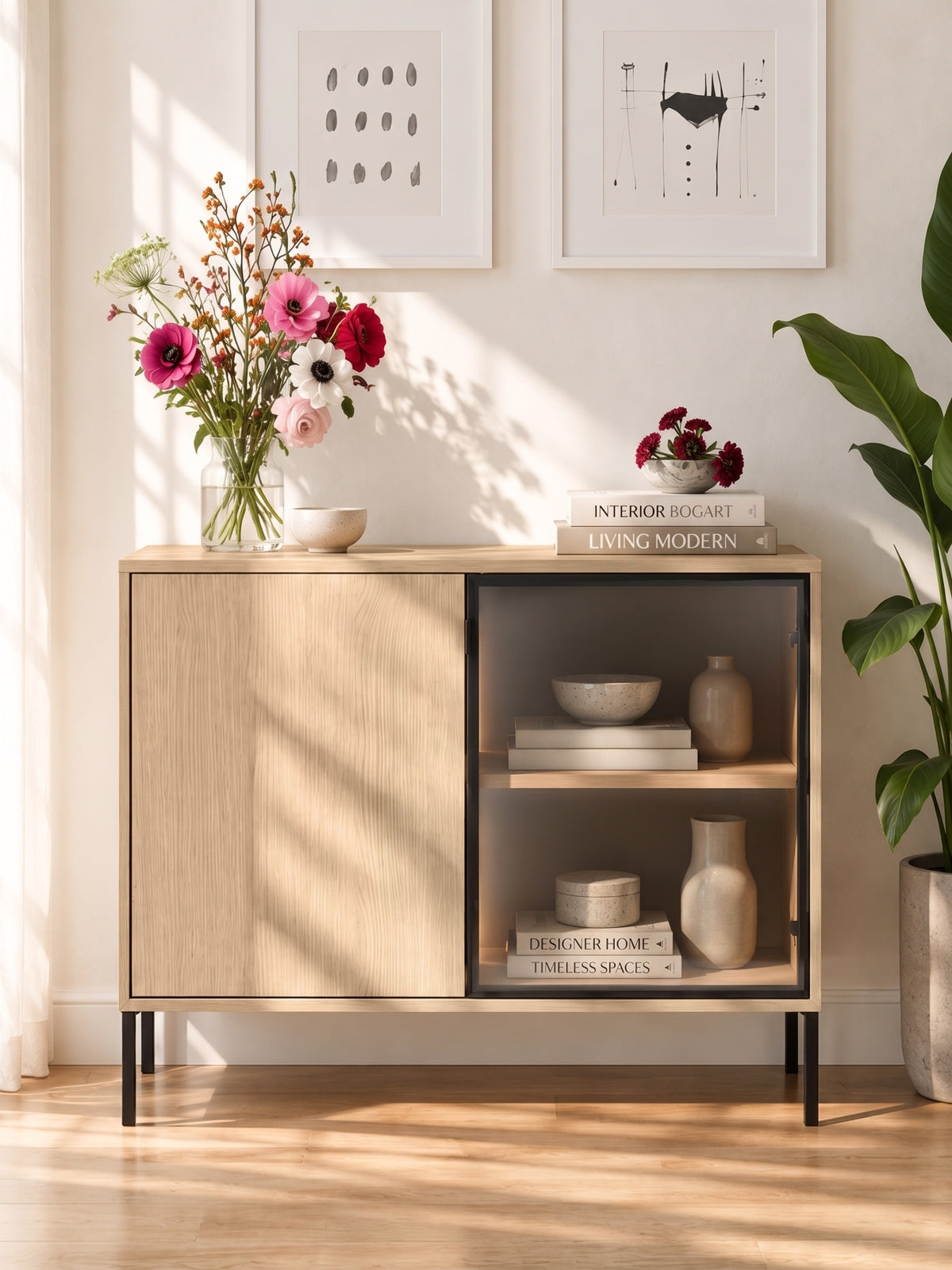 Komoda Harmona 107 cm dvojdverová s LED osvetlením, dub lindberg, čierne nohy