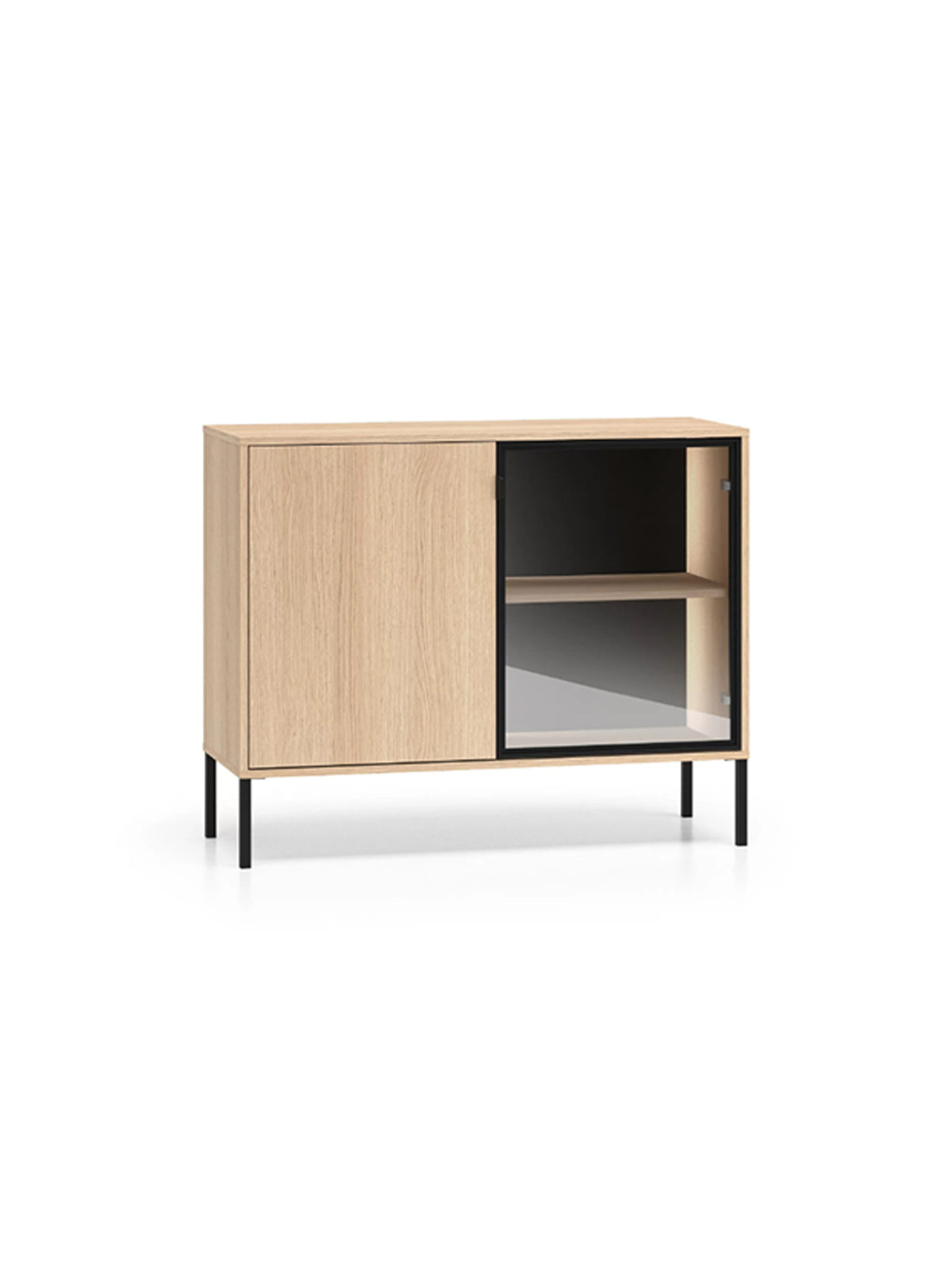 Komoda Harmona 107 cm dvojdverová s LED osvetlením, dub lindberg, čierne nohy