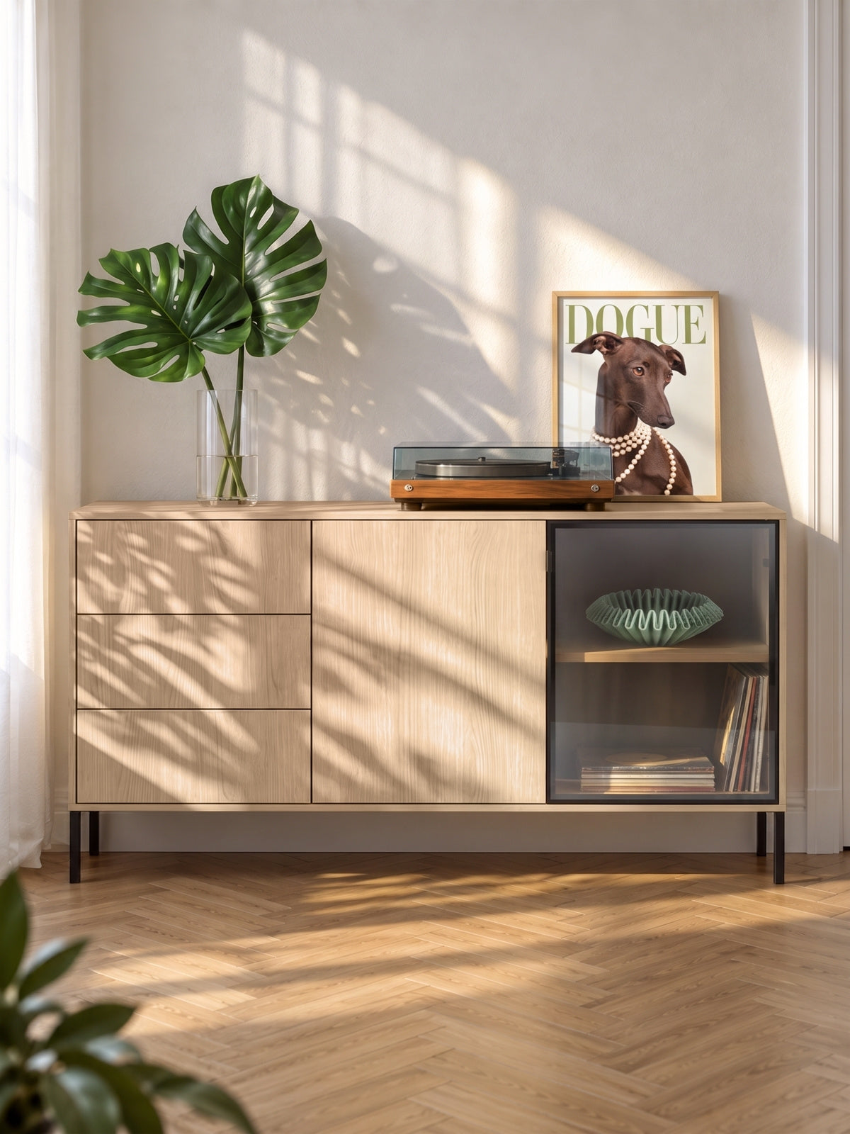 Komoda Harmona 160 cm v farbe dub lindberg s zásuvkami a LED osvetlením