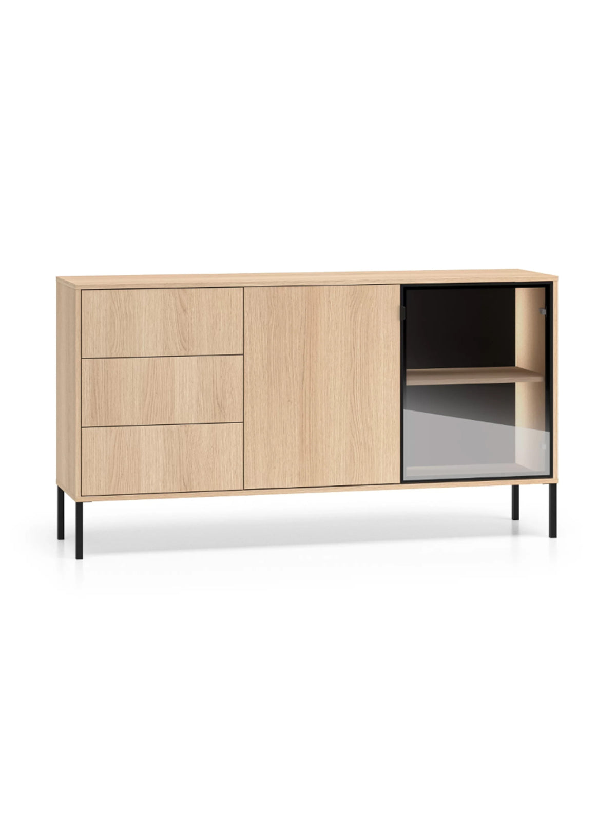 Komoda Harmona 160 cm so zásuvkami, dvierkami a LED osvetlením, farba dub lindberg, čierne nožičky