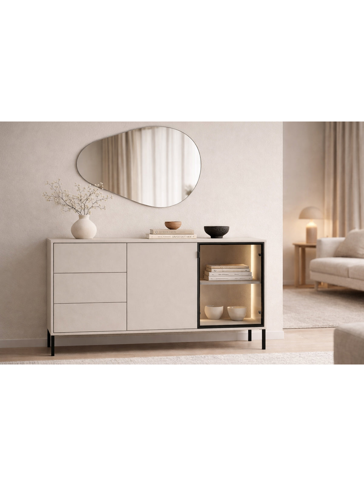 Komoda Harmona 160 cm cashmere s zásuvkami a LED osvetlením, čierne nohy, pohľad z predu