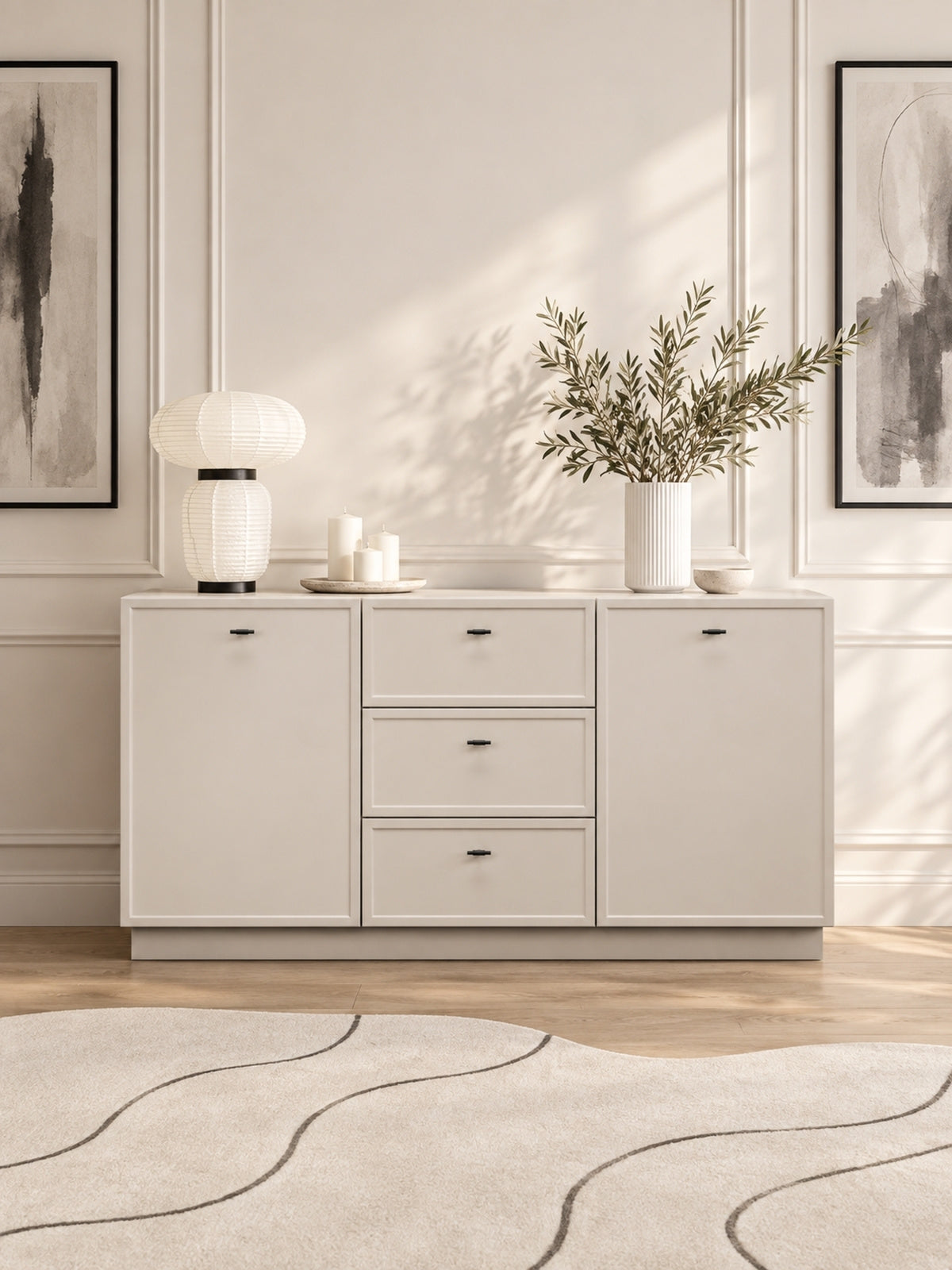 Komoda Lorini 150 cm so zásuvkami - kašmír / čierny úchyty T-bar