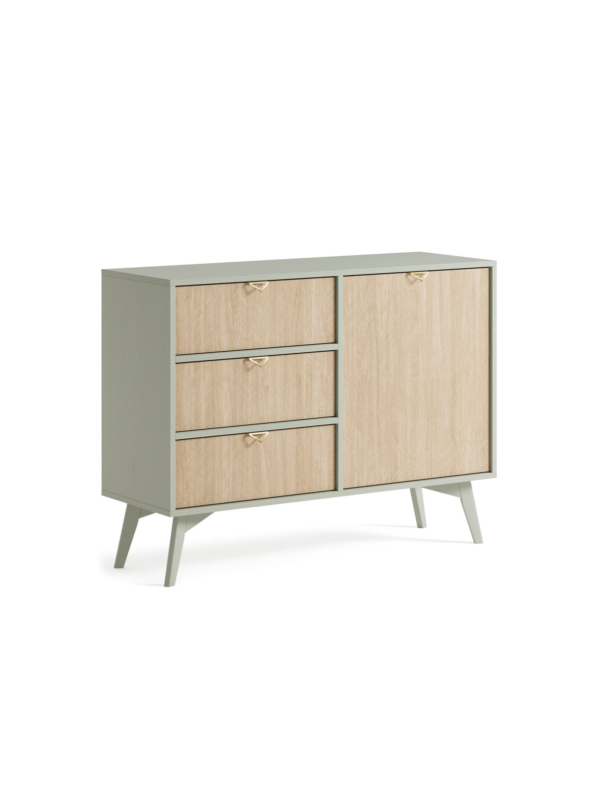 Komoda Lumira 106 cm s jednými dverami a tromi zásuvkami, korpus eukalyptus, predná časť rybia kosť scandi, zlaté úchytky