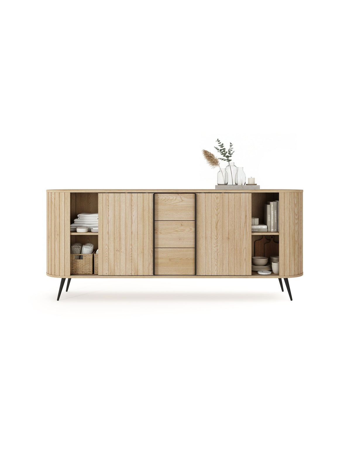 Komoda Luvio 196 cm so zásuvkami, dub cremona, čierne nohy, ryhovaný front