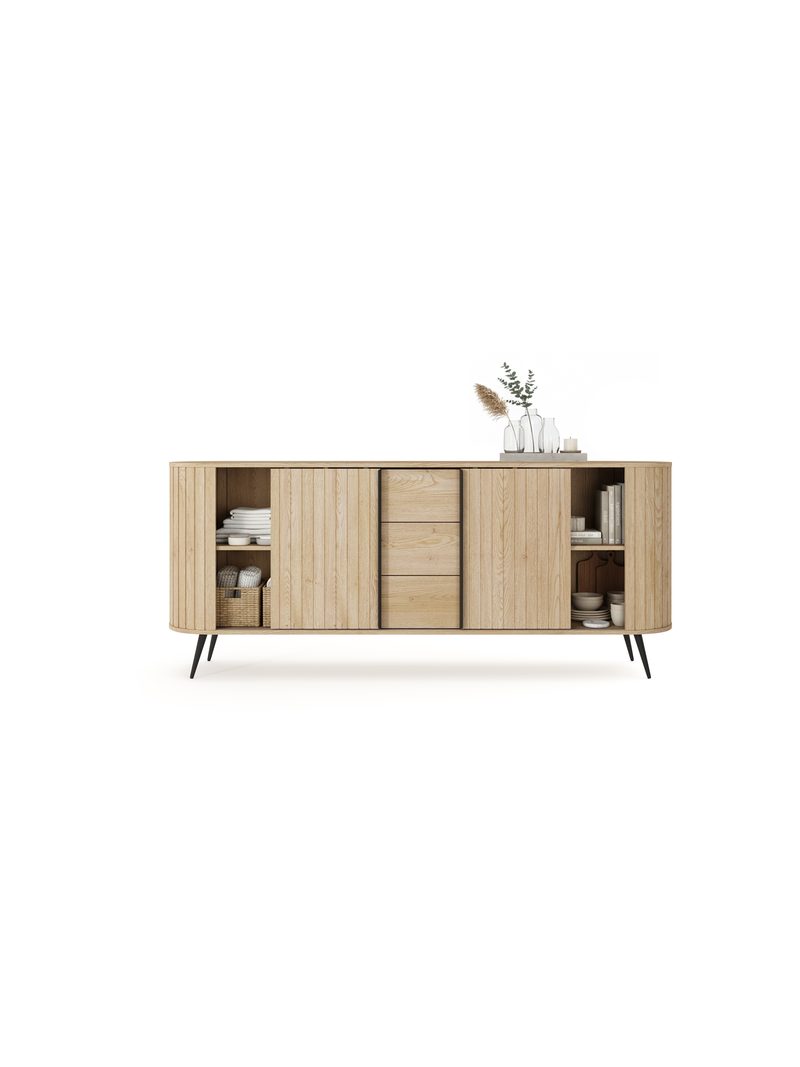Komoda Luvio 196 cm so zásuvkami, dub cremona, čierne nohy, ryhovaný front
