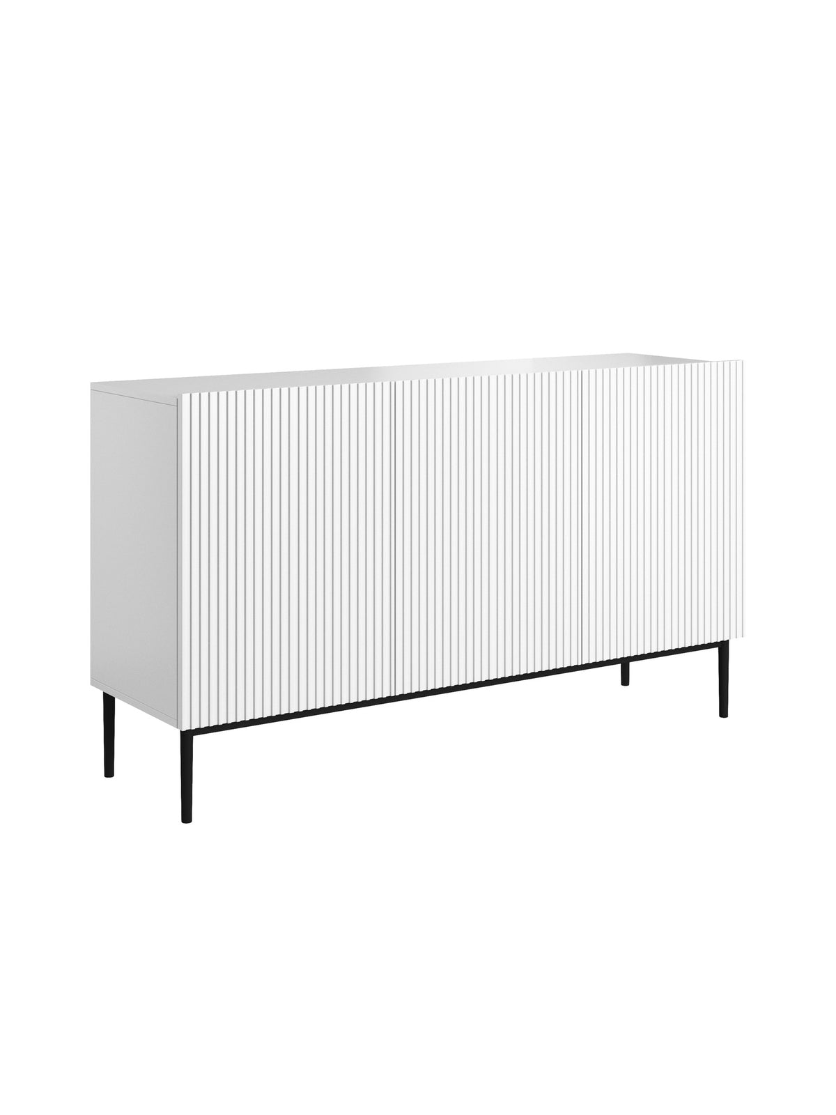 Komoda Nicole 150 cm tri dvierka s ryhovaným bielym matným predným panelom a čiernymi nohami