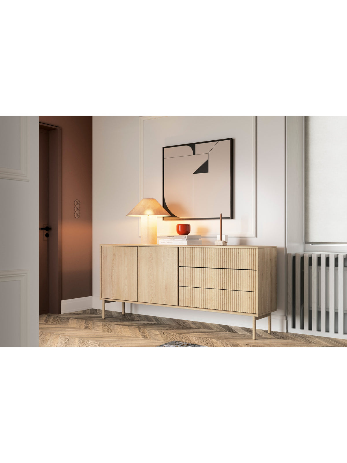 Komoda Rivio 187 cm v dubovej farbe cremona s ryhovanými frontami a tromi zásuvkami.