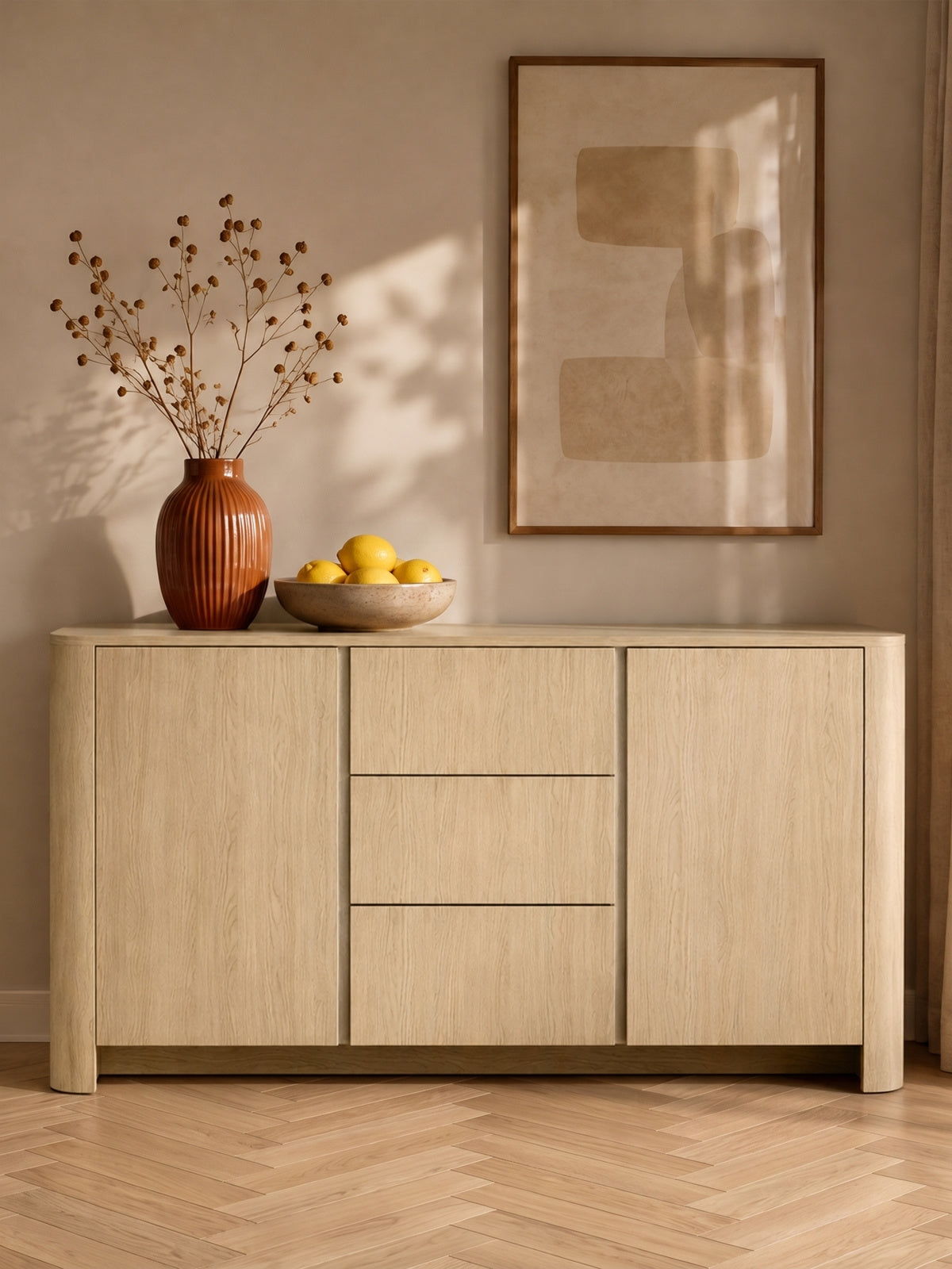 Komoda Sorrenti 168 cm so zásuvkami v farbe dub vicenza, moderný Scandi štýl