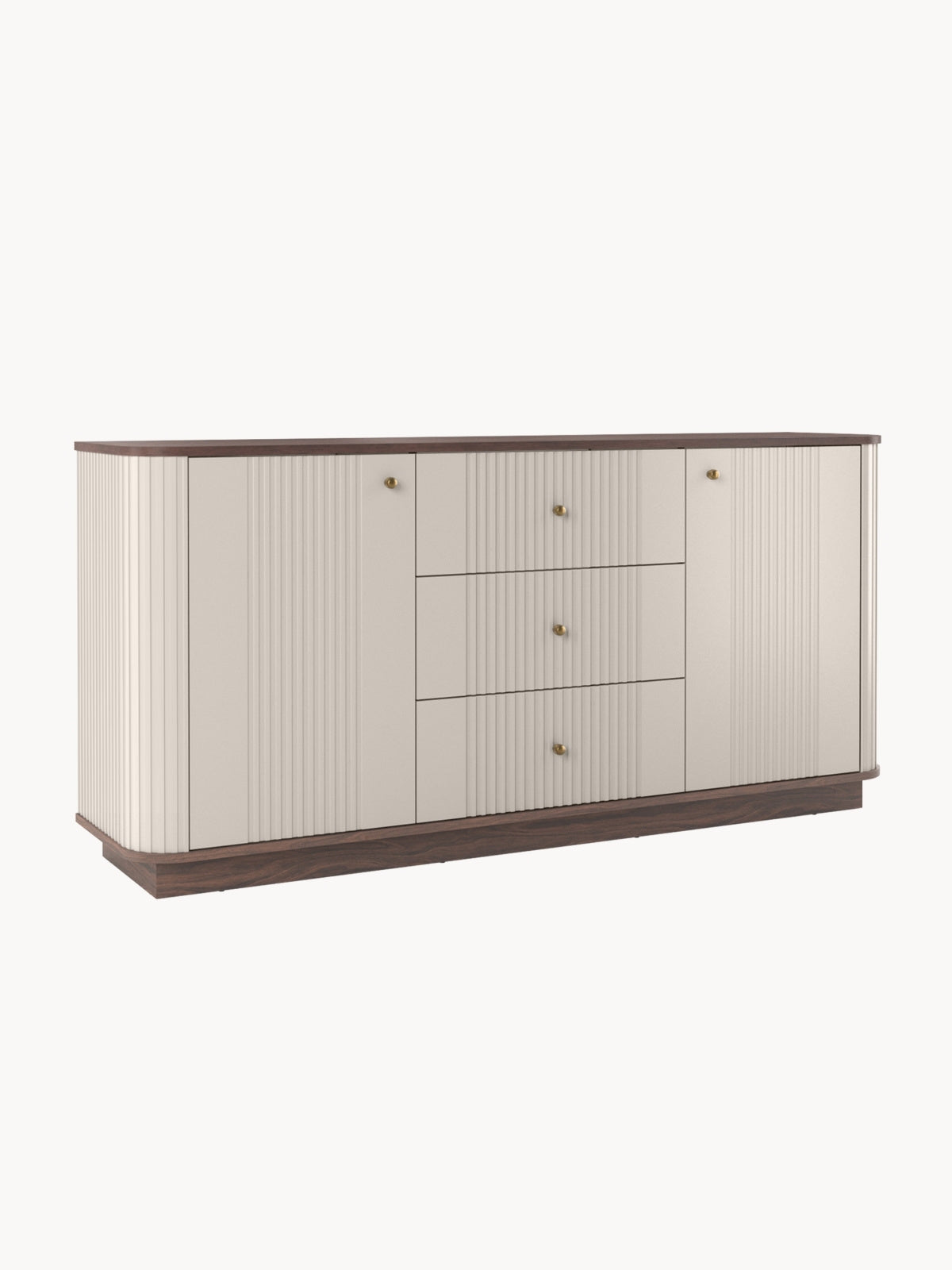 Komoda Vesper 160 cm so zásuvkami na sokelu - kašmír / Orech / zlote úchyty