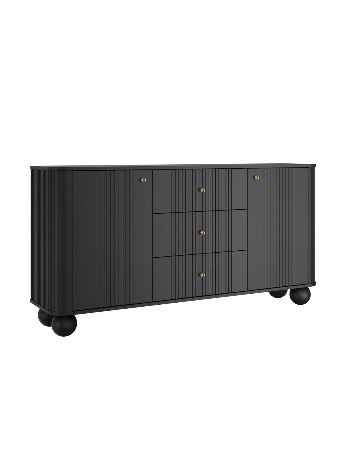 Komoda Vesper 160 cm czarna mat z ryflowanym frontem, złote uchwyty i nogi kule