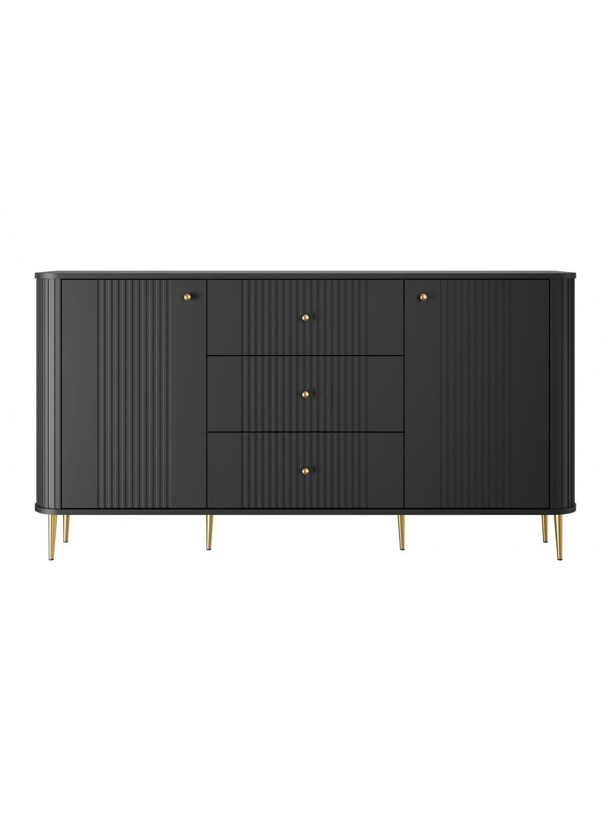 Komoda Vesper 160 cm čierna matná s ryhovaným predným panelom, zlaté nohy a rukoväte, pohľad spredu