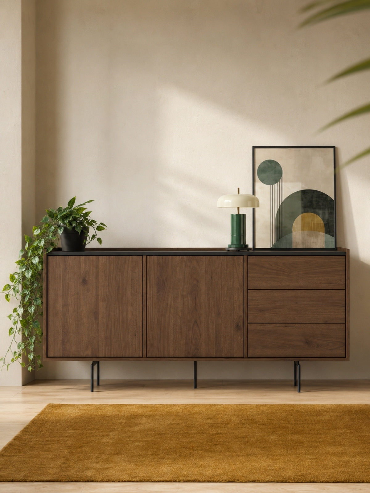 Komoda Zenar 170 cm z trzema szufladami, orzech elegant z czarnym blatem i nogami