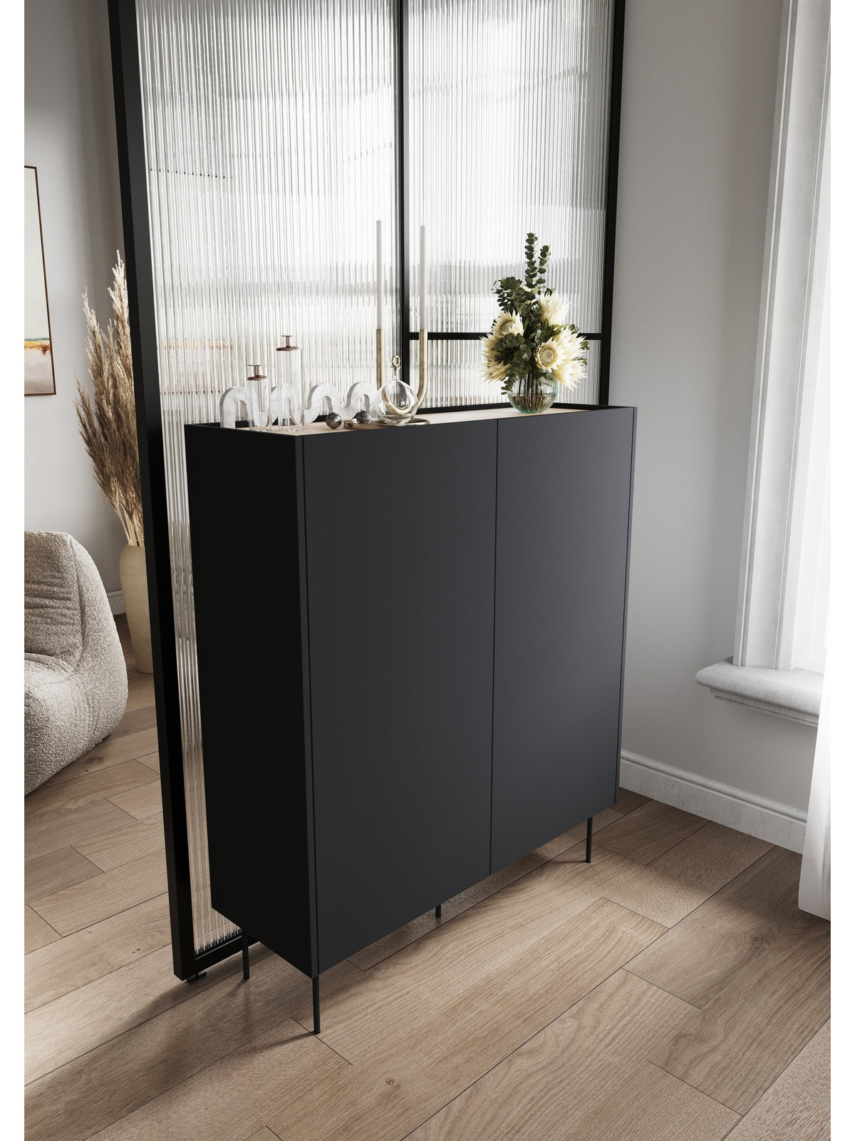 Komoda Desin z ukrytymi zásuvkami i metalowymi nogami 120 cm - Čierny mat / Dub nagano