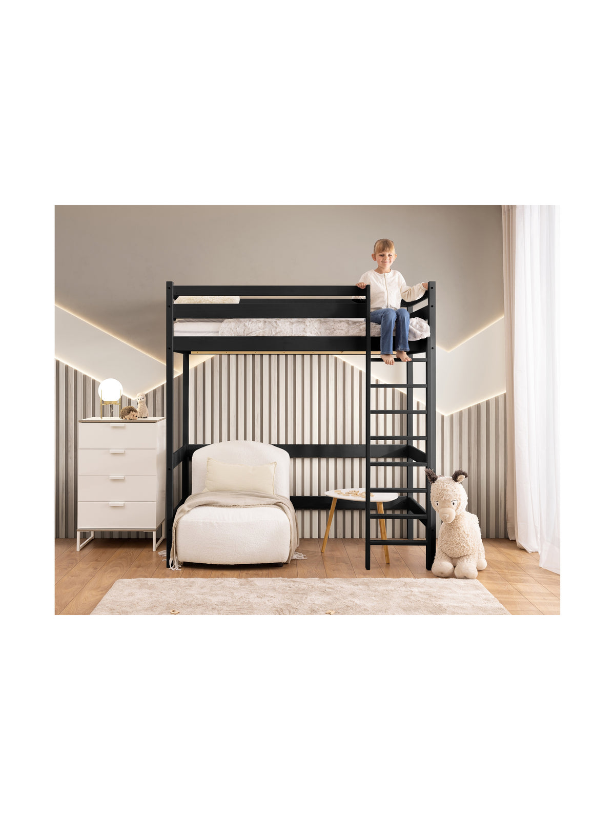 Detská poschodová posteľ Samio 90x200 v čiernej farbe s bočným rebríkom, pohľad spredu