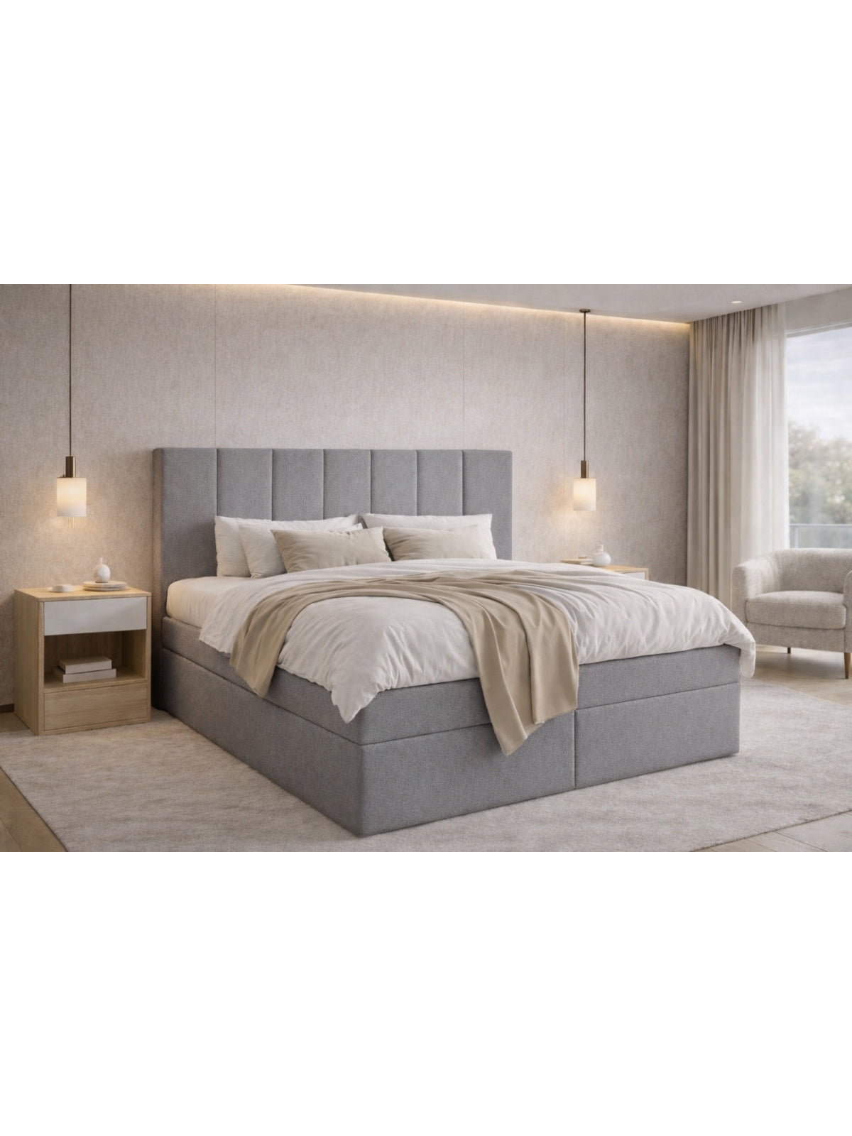 Kontinentálna posteľ Mareli 180x200 v sivej boucle látke Quelle 83 s vysokým čelom