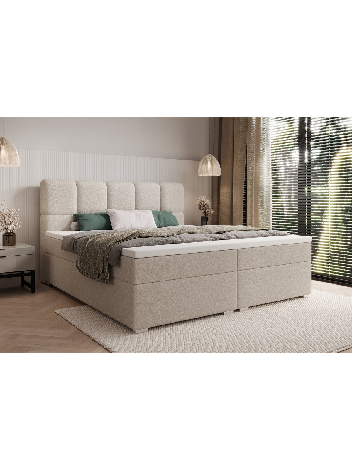 Kontinentálna posteľ Carello 160x200 v tmavo béžovej látke boucle Quelle 05