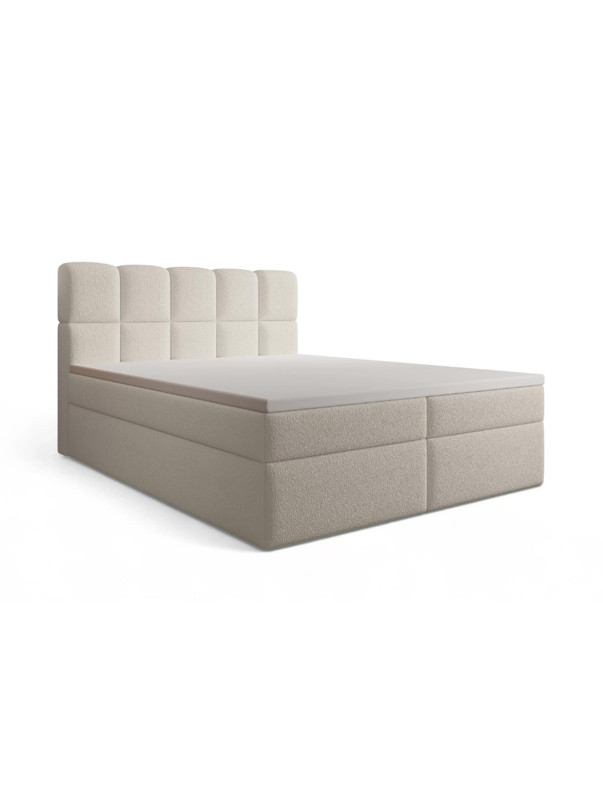 Kontinentálna posteľ Carello 160x200 v tmavobežovej látke boucle Quelle 05 s úložným priestorom