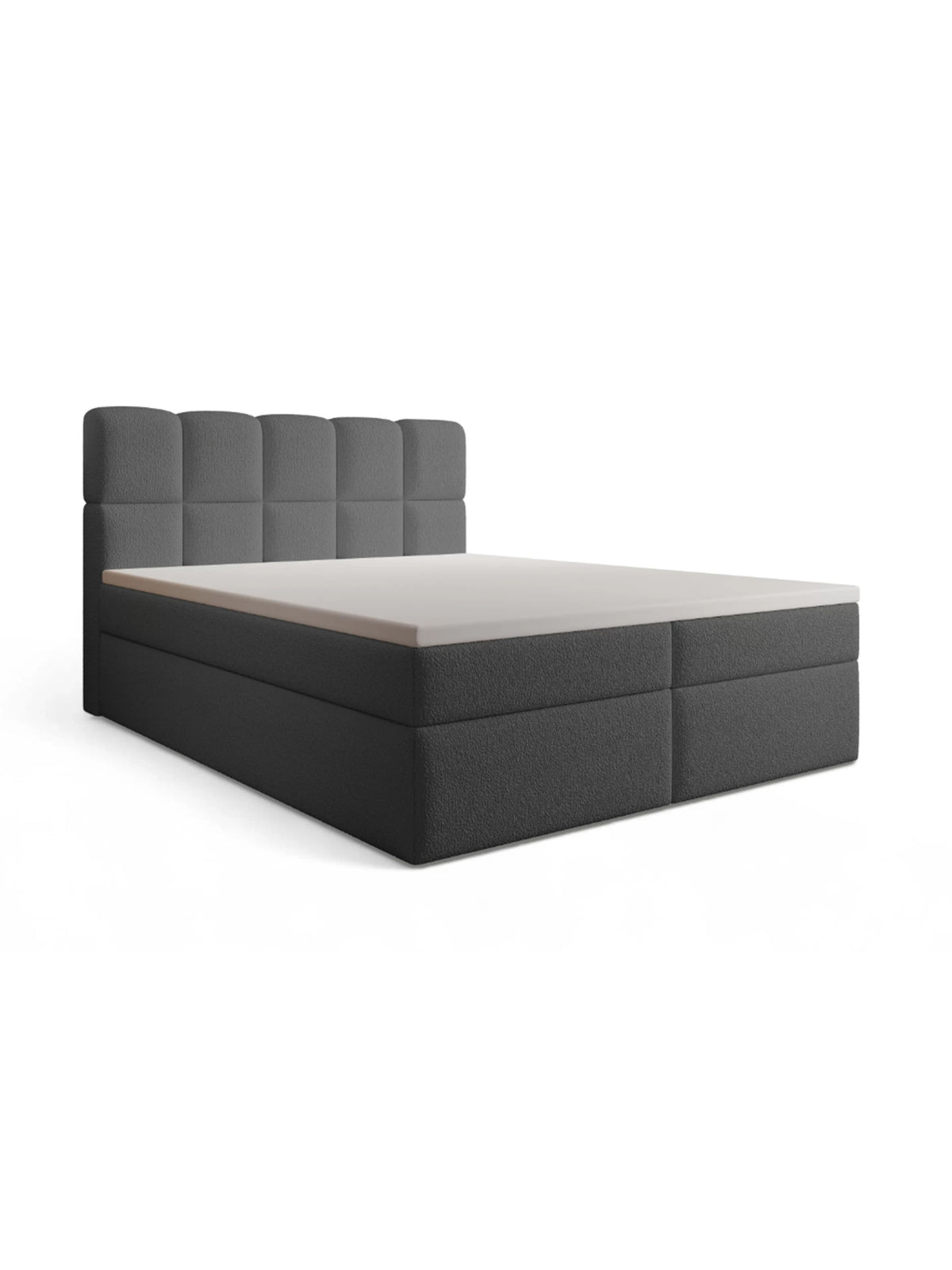 Kontinentálna posteľ Carello 160x200 tmavosivá boucle s úložným priestorom, pohľad spredu