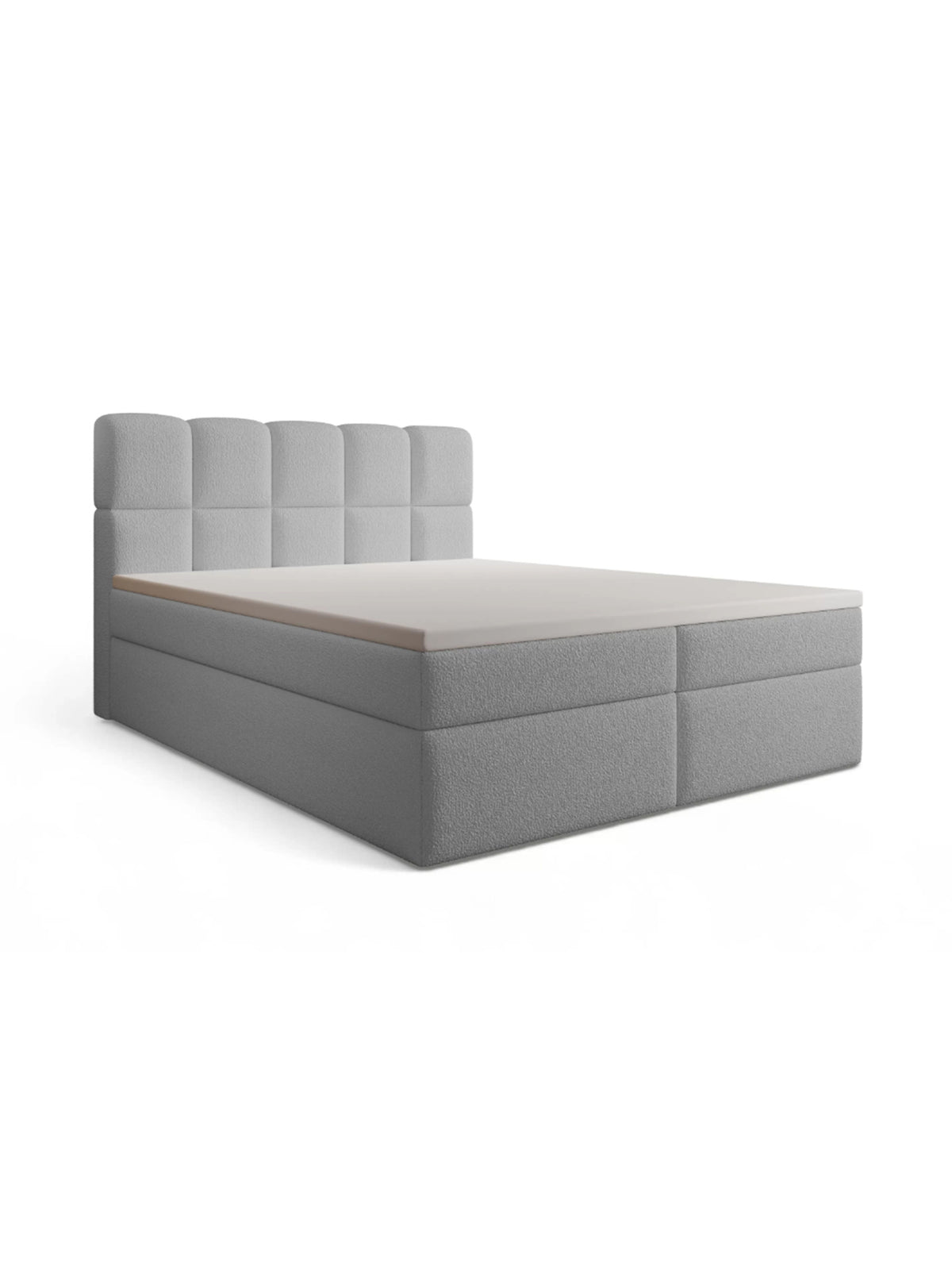 Kontinentálna posteľ Carello 160x200 v šedom boucle látke, pohľad spredu