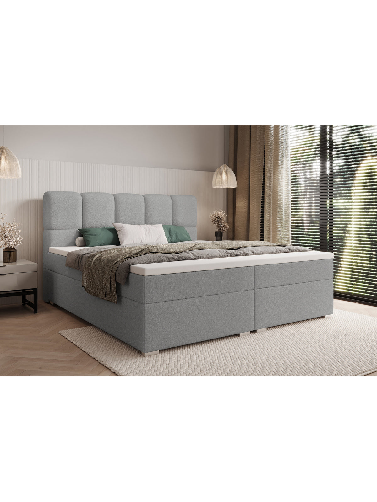 Kontinentálna posteľ Carello 180x200 v šedom boucle látke Quelle 83, pohľad spredu a na čelo postele