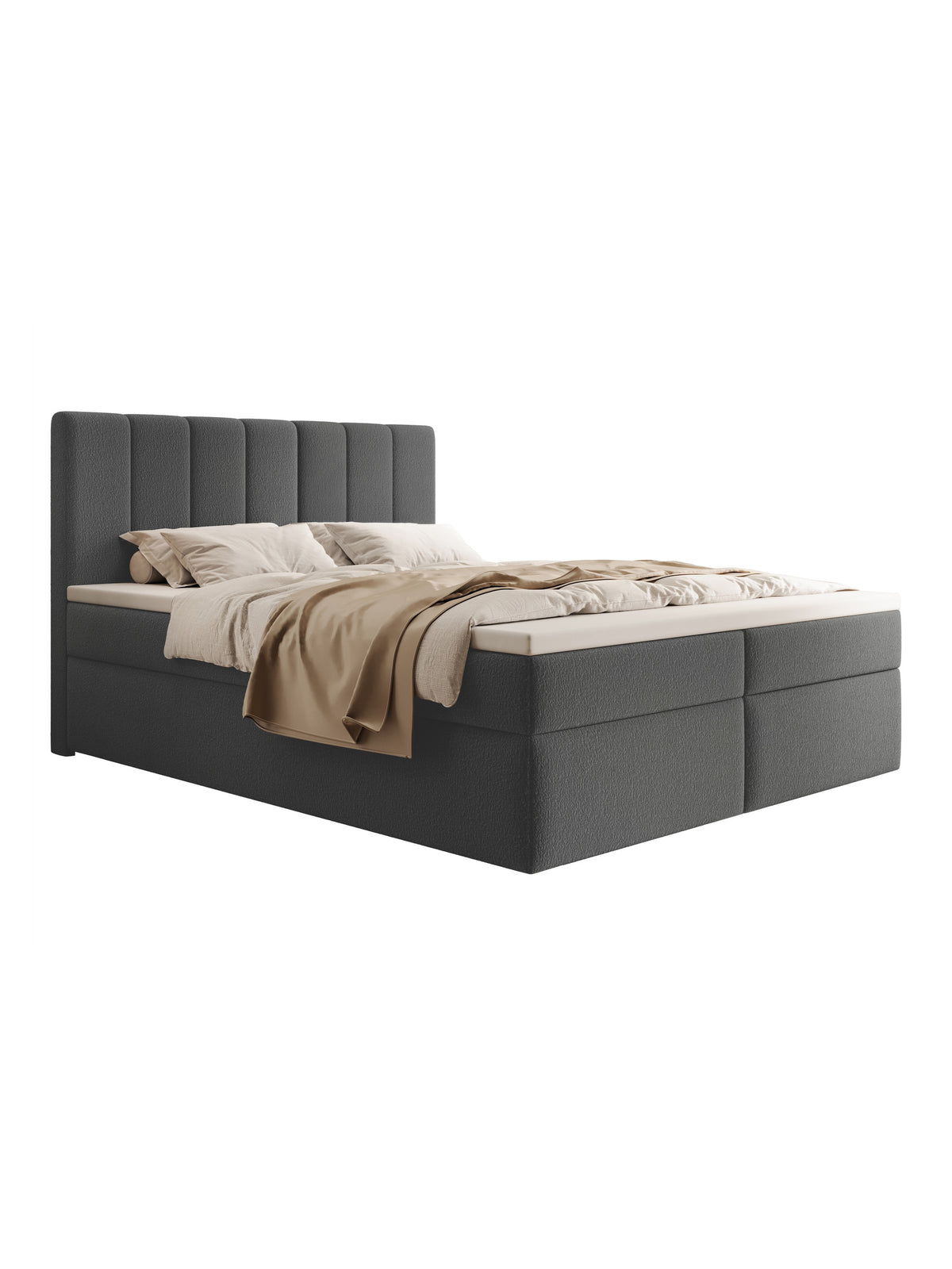 Kontinentálna posteľ Mareli 180x200 tmavosivá boucle látka s úložnými boxami