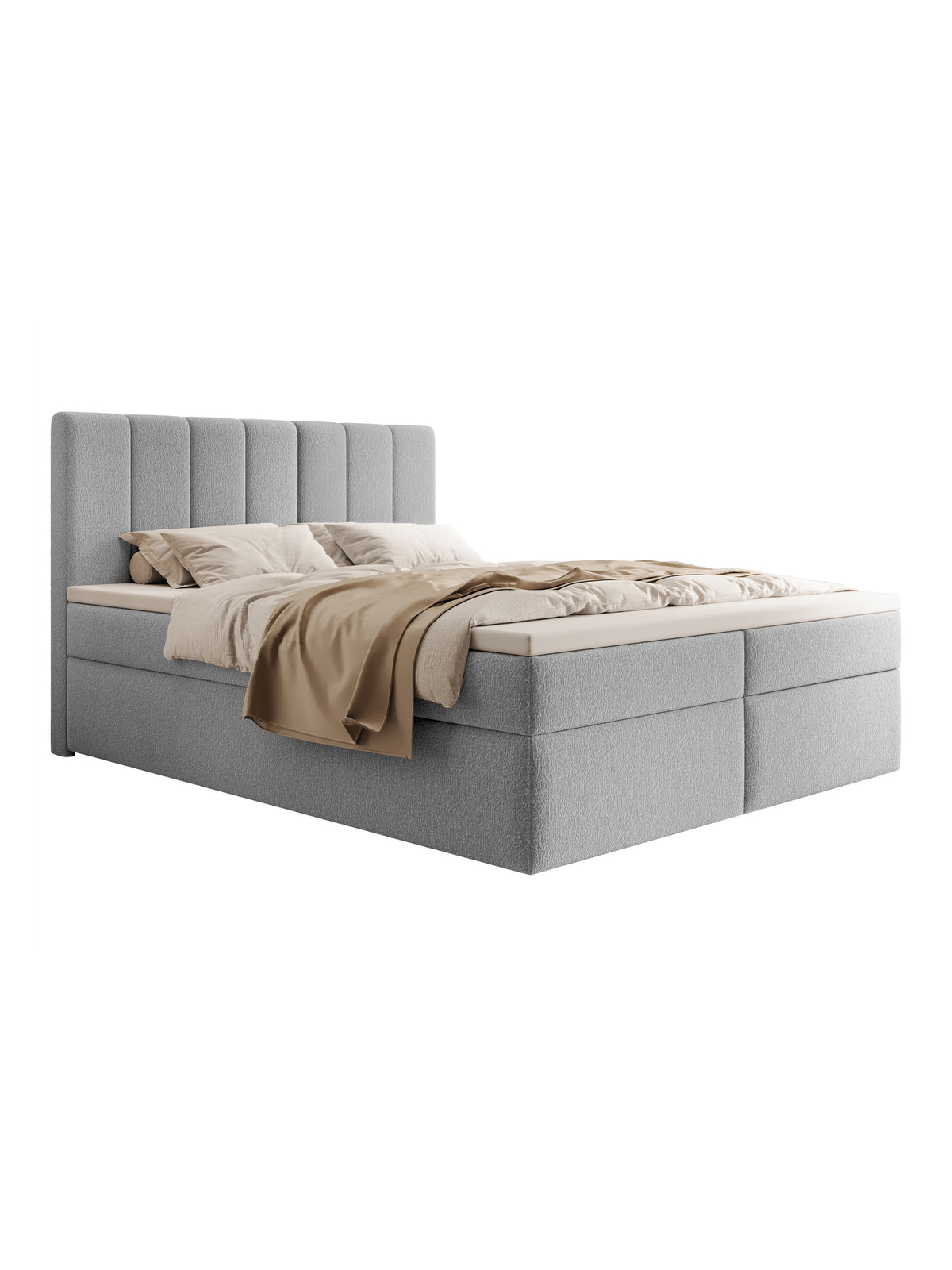 Kontinentálna posteľ Mareli 180x200 v sivej boucle látke s úložnými boxmi