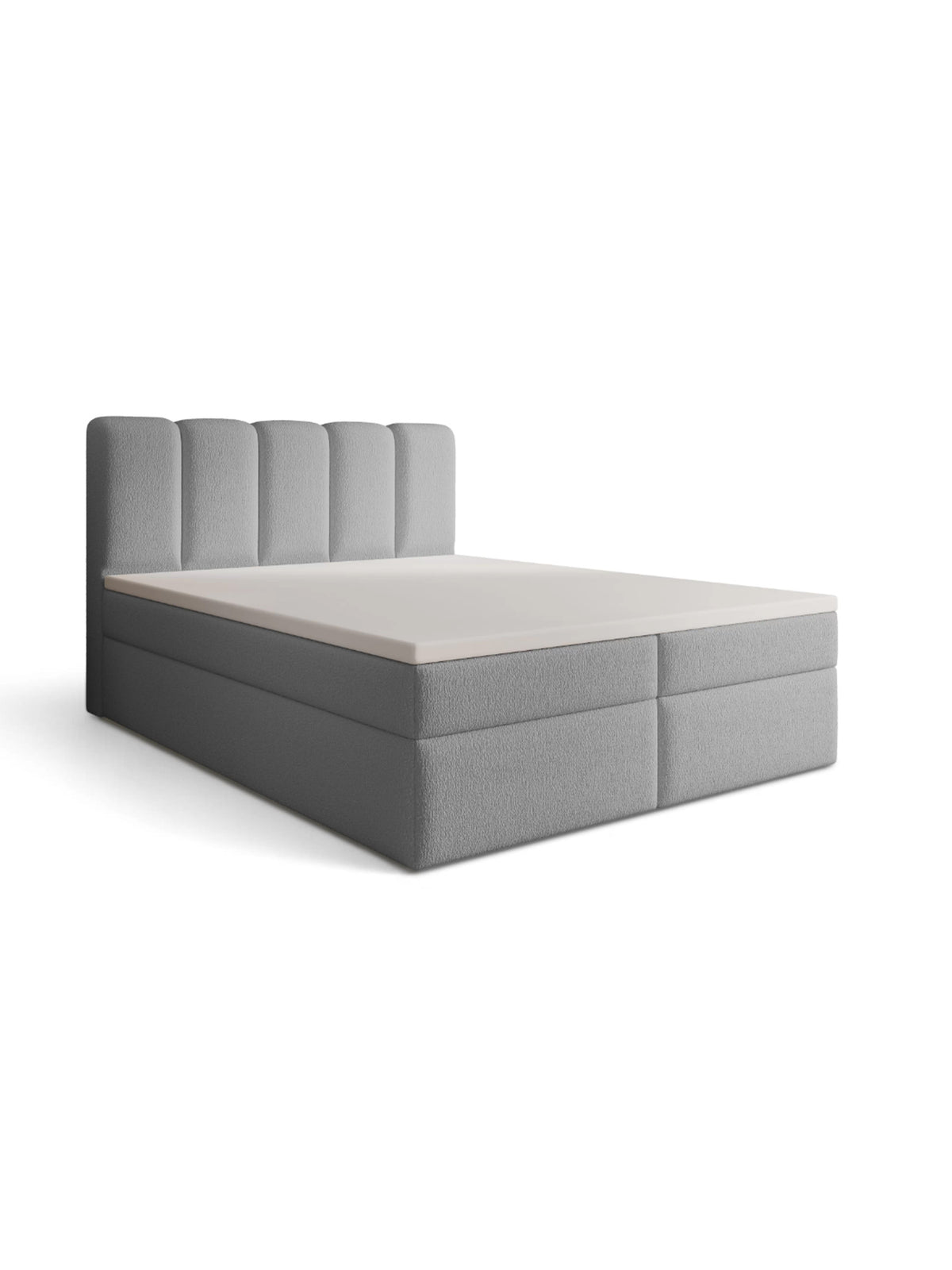 kontinentálna posteľ Tenor 180x200 v šedej bouclé látke, pohľad spredu