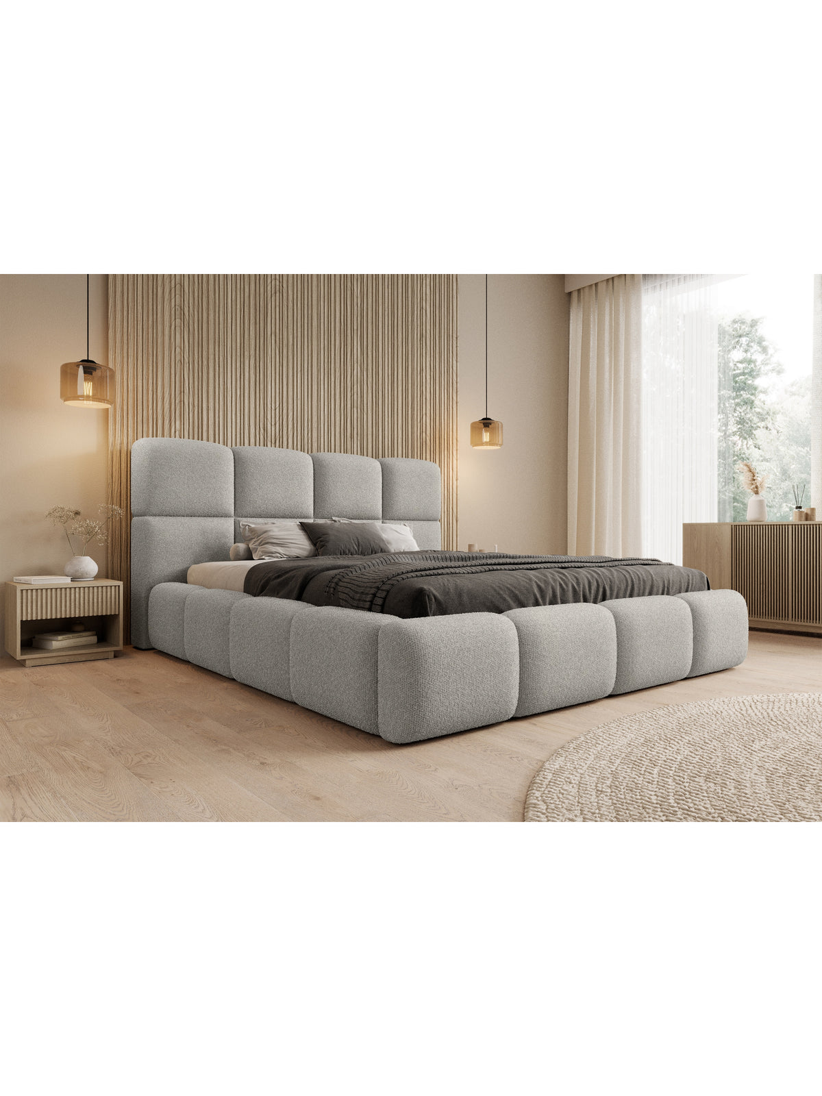 Čalúnená posteľ Cloud 160x200 s úložným priestorom v šedej látke boucle, pohľad spredu