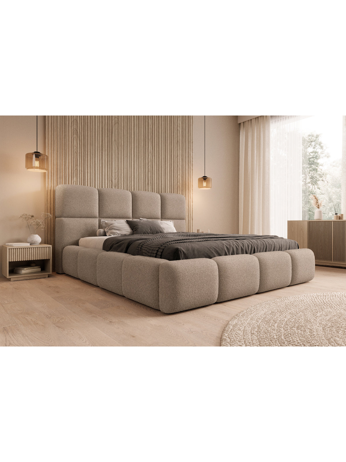 Čalúnená posteľ Cloud 180x200 v tmavo béžovej boucle látke s úložným priestorom