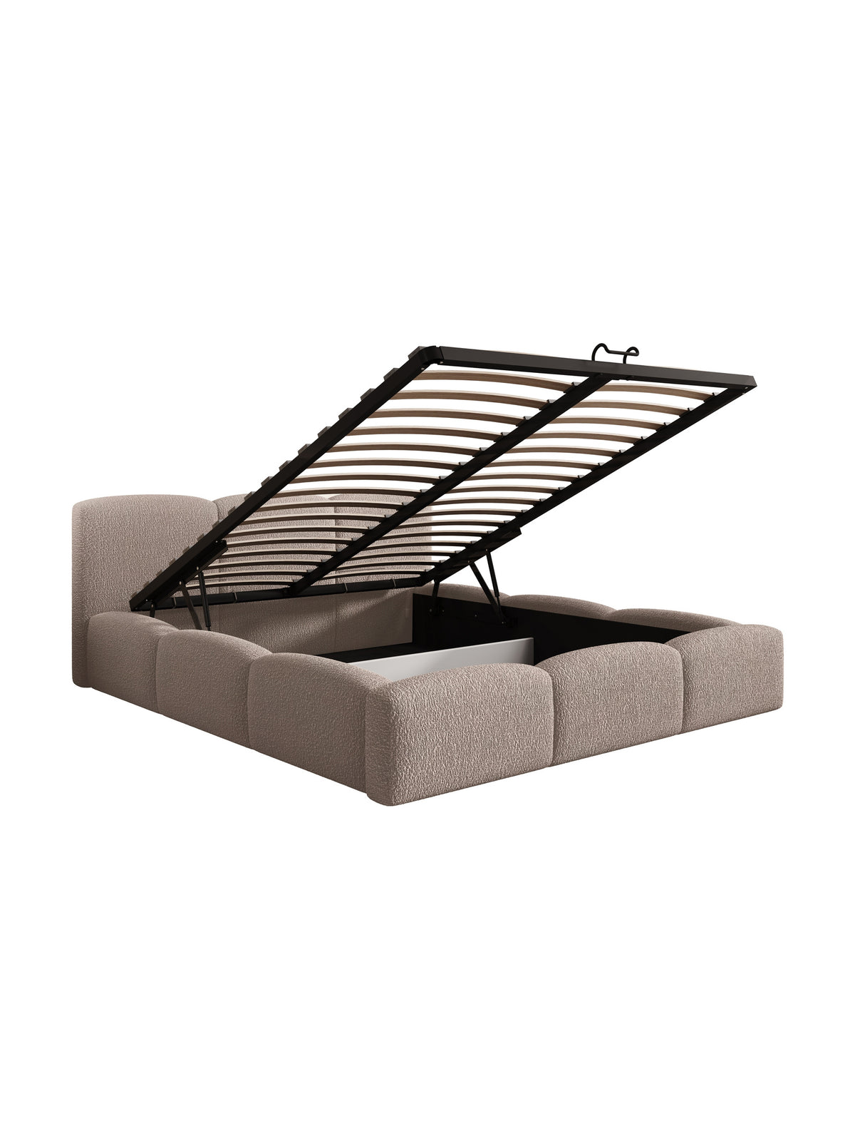 Čalúnená posteľ Marios 180x200 s úložným priestorom v tmavo béžovej tkanine boucle, zdvíhací rošt