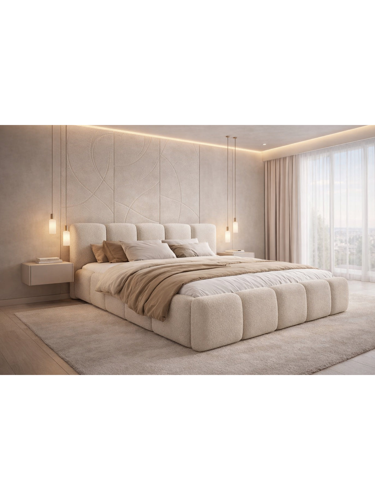 Čalúnená posteľ Tesia 160x200 v béžovej látke boucle Quelle 03 s úložným priestorom