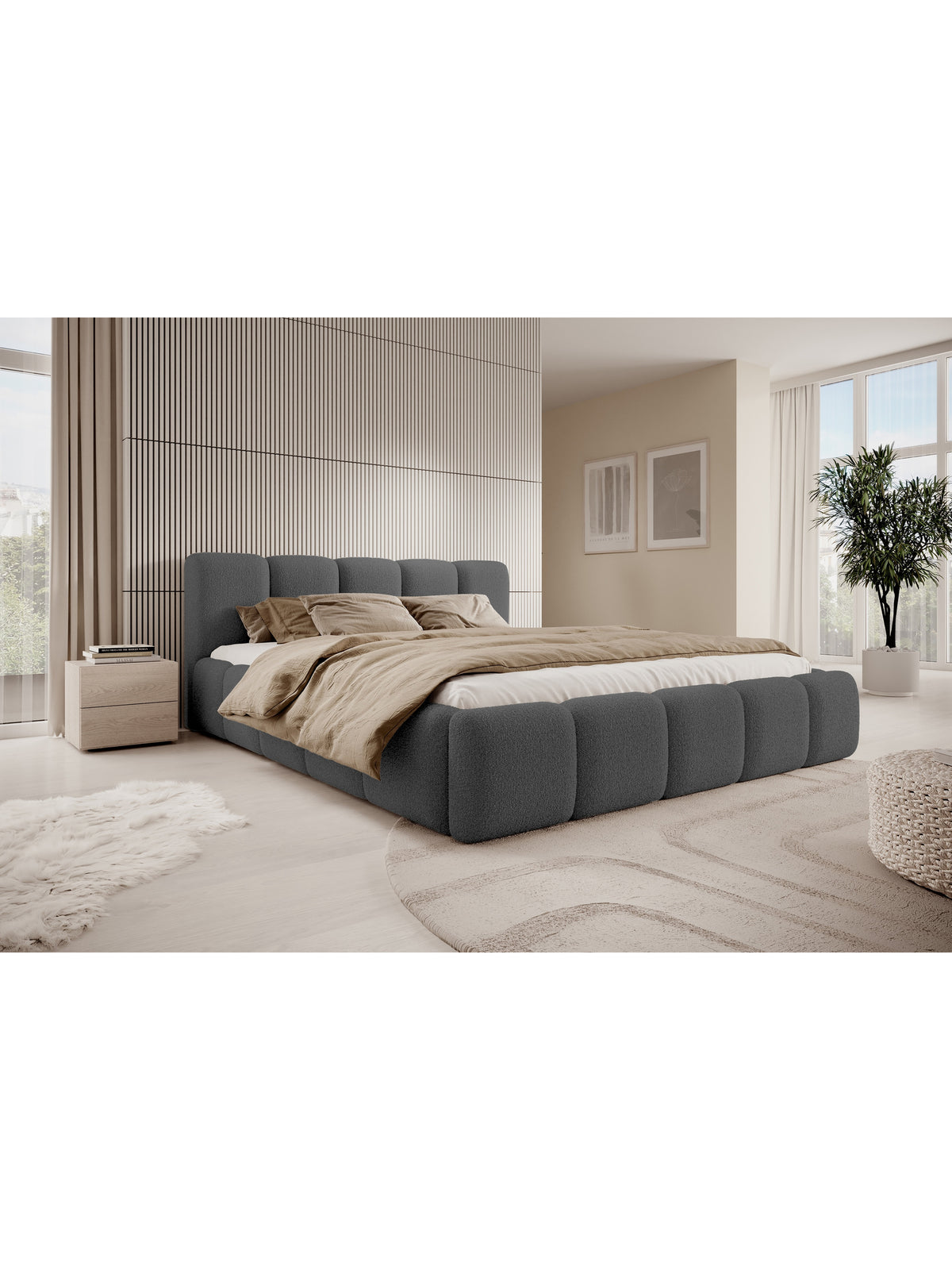 Čalúnená posteľ Tesia 160x200 tmavosivá boucle s úložným priestorom, pohľad spredu