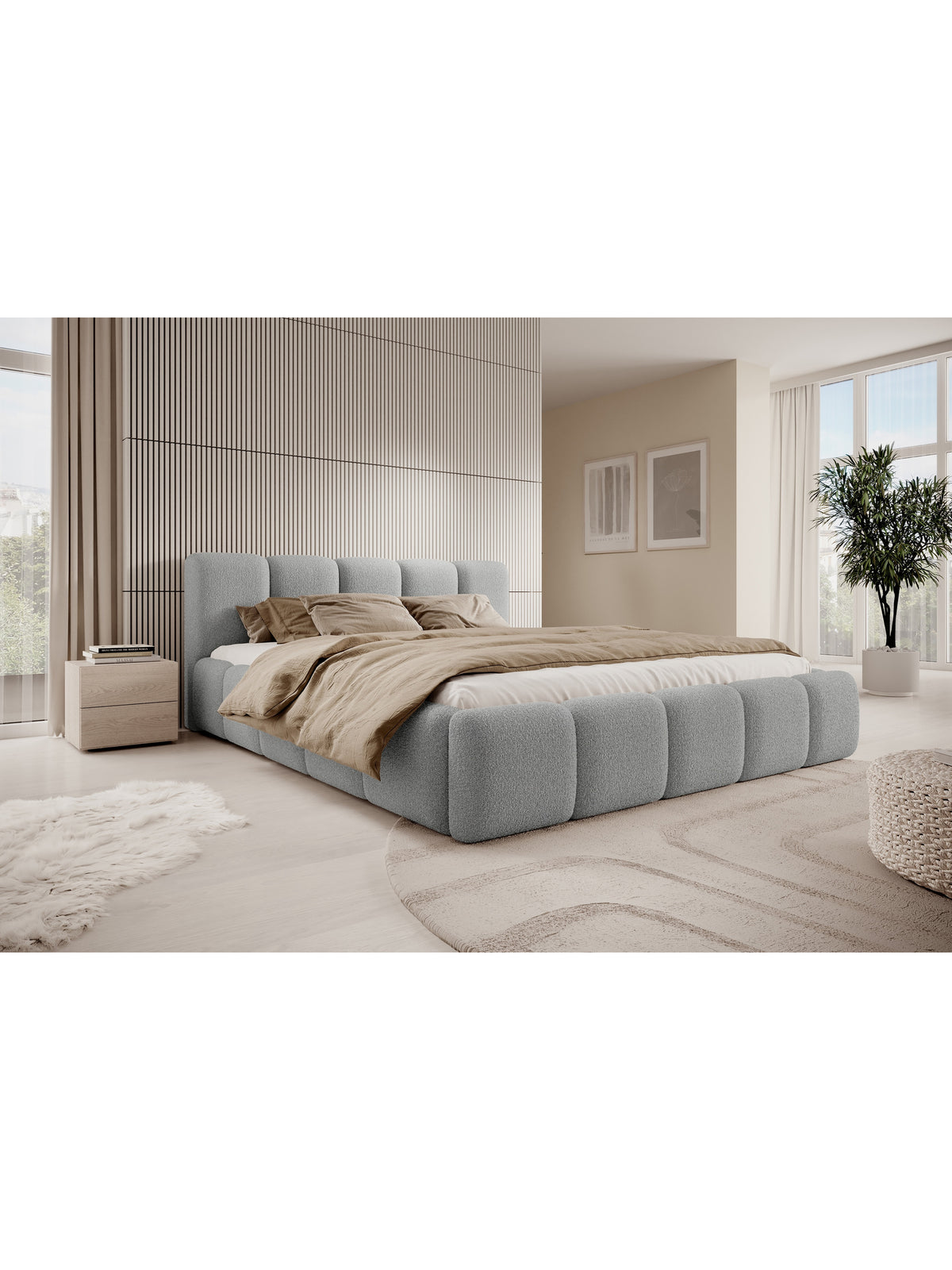 Čalúnená posteľ Tesia 160x200 v šedej boucle látke, pohľad spredu