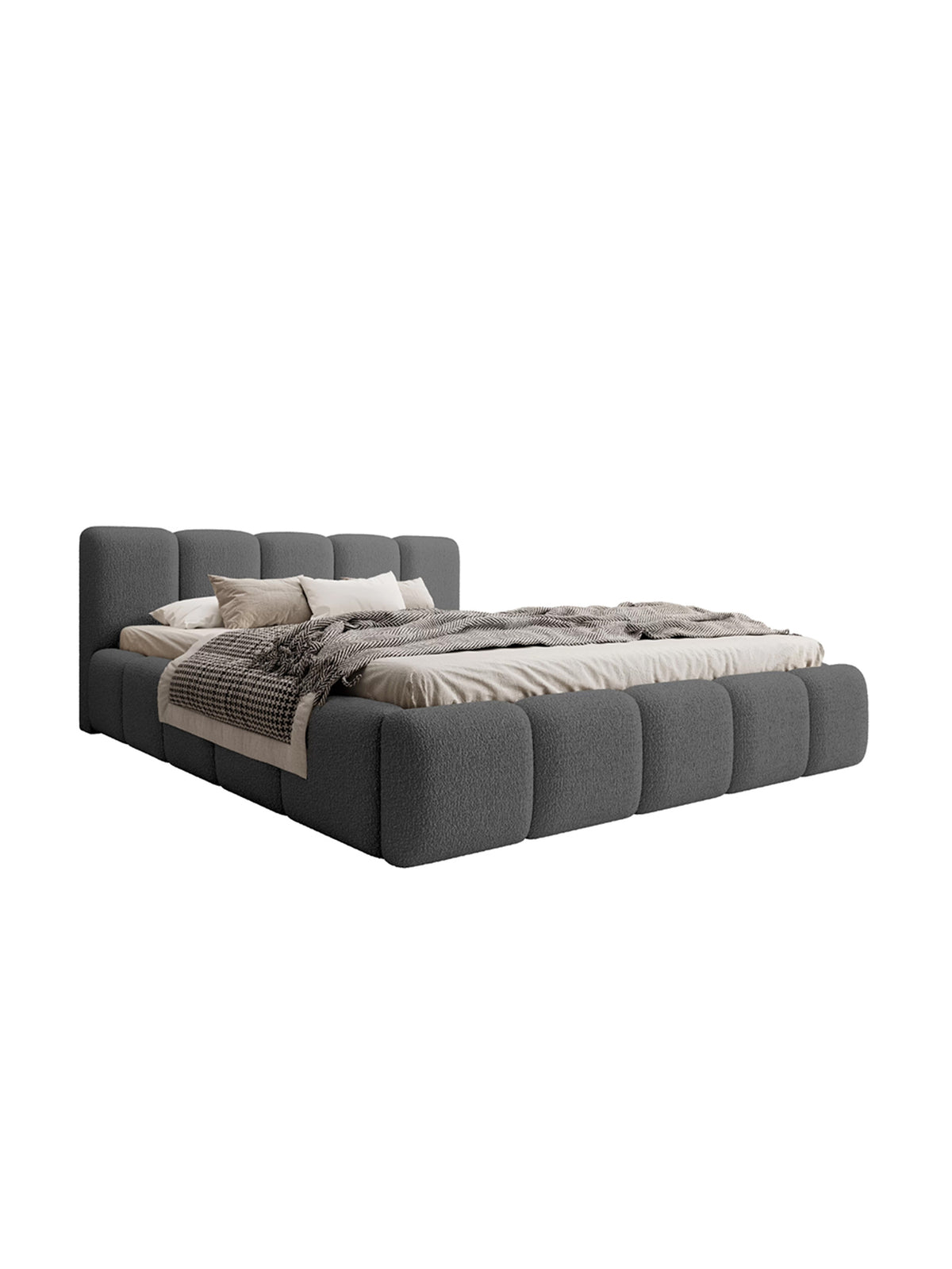 Čalúnená posteľ Tesia 180x200 v tmavo šedom bouclé, pohľad spredu