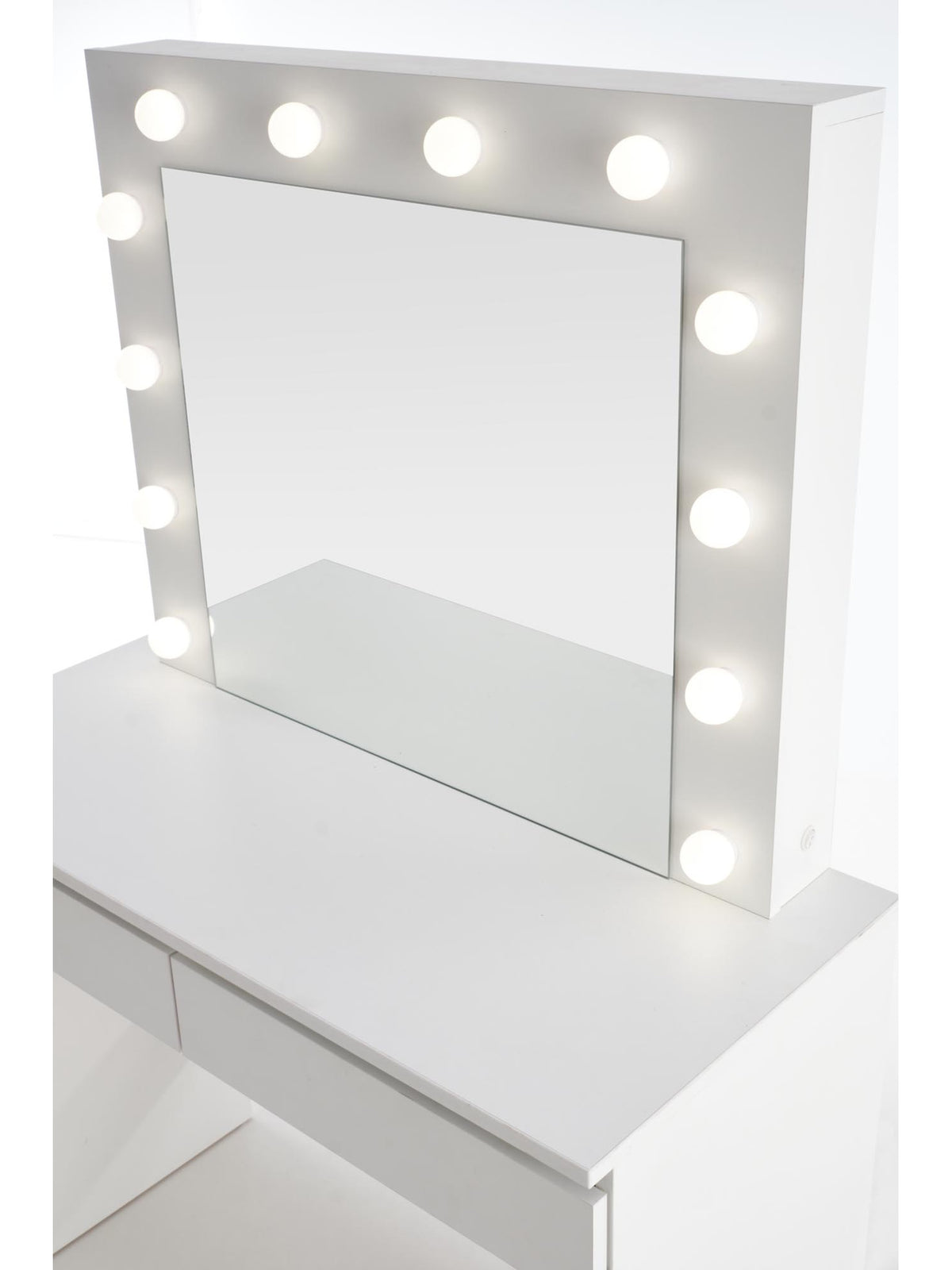 Toaletný stolík Velinio 95 cm biely s dvoma zásuvkami a LED svetlom pri zrkadle