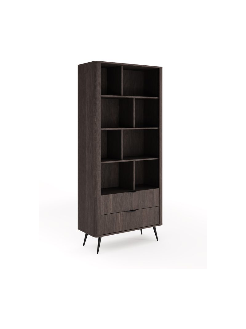 Otvorný regál Edrin 88 cm s dvoma zásuvkami, tmavé drevo dub dunin, čierne nohy