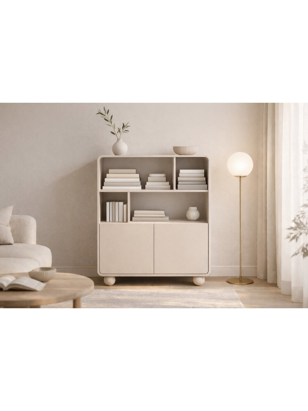 Otvorený regál Vellino 108 cm kašmírový, 2 dvere a 3 police, štýl Modern Organic