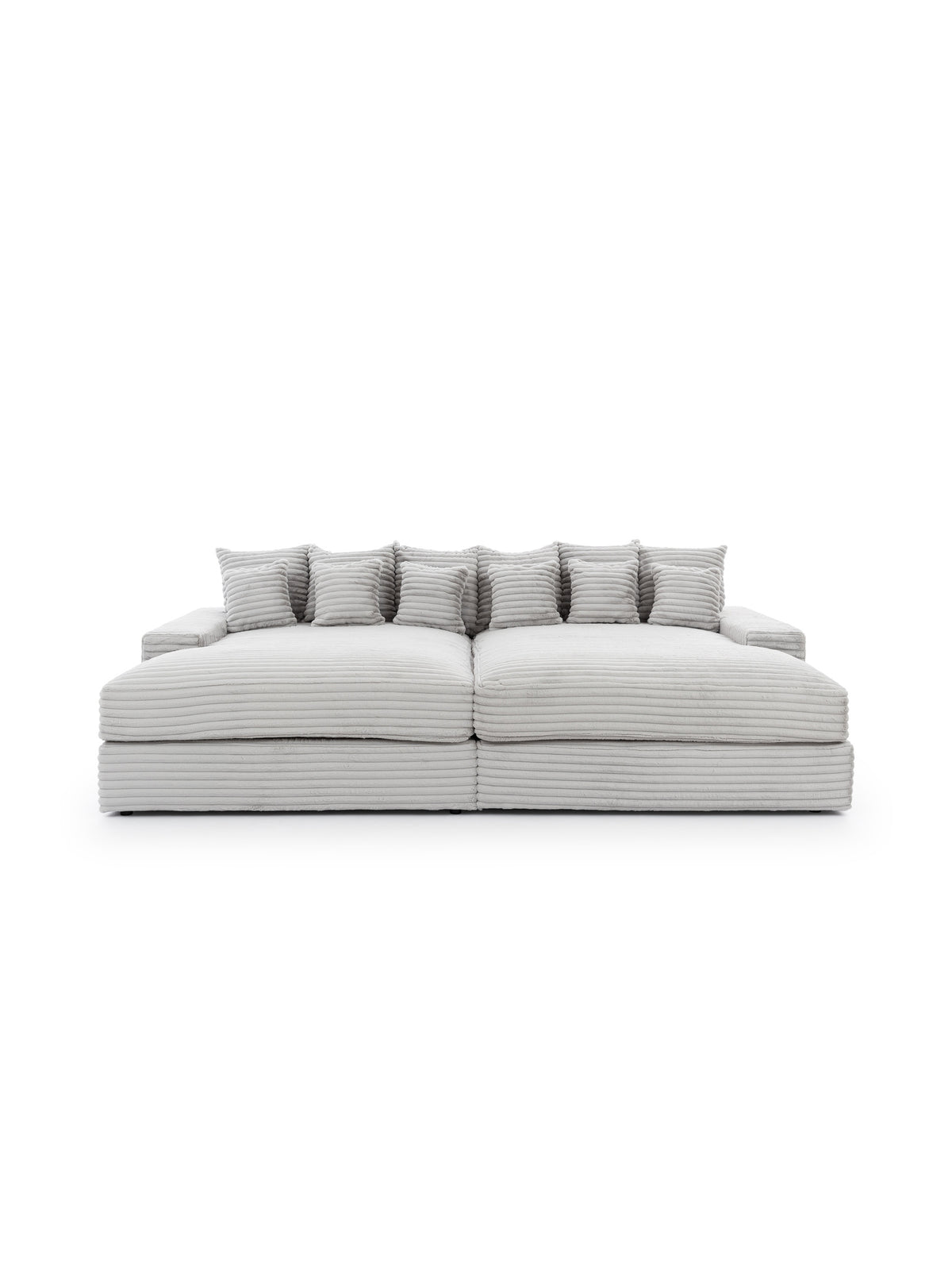 Sofa do salonu Warmi szara z pluszu Tilia 83, duża z 12 poduszkami, widok frontalny