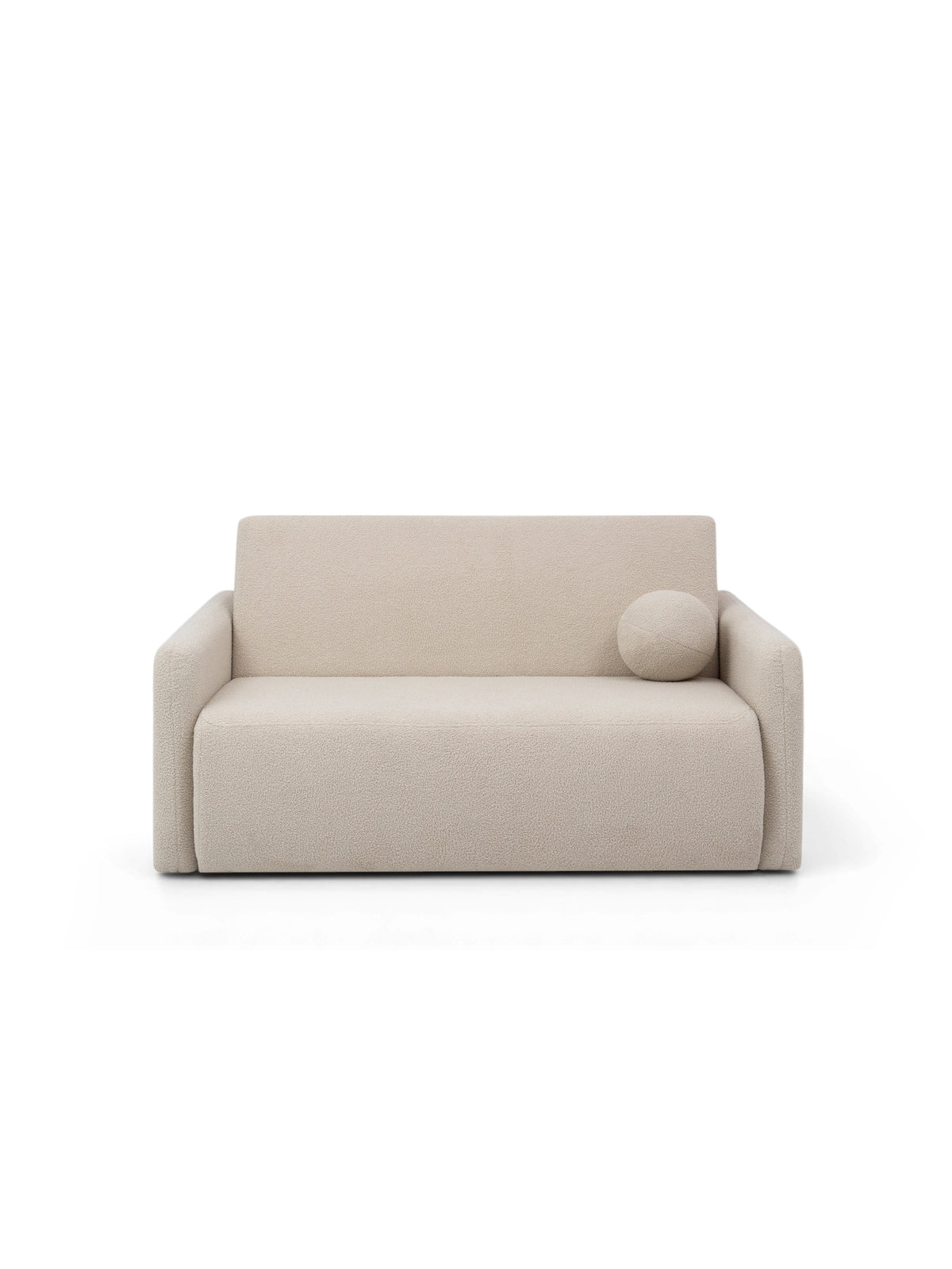 Sofa rozkładana Nido 140 cm jasny beżowy boucle, widok frontalny z poduszką