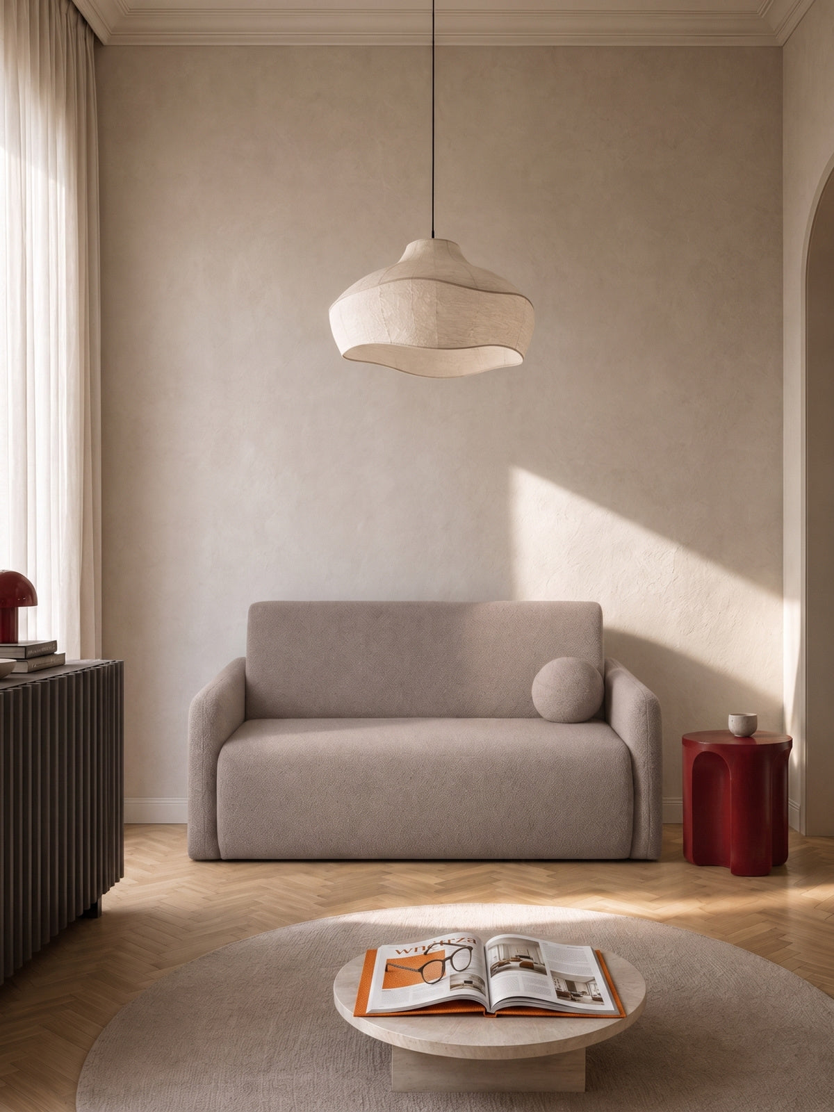 Rozkladacia dvojsedačka Nido 120 cm béžová boucle s vankúšom v interiéri