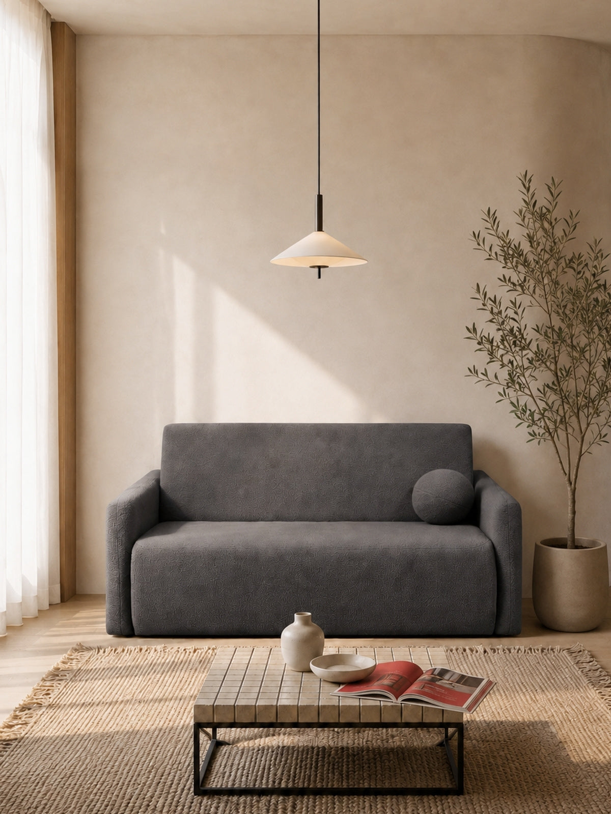 Rozkladacia pohovka Nido 120 cm sivá boucle s úložným priestorom, pohľad spredu
