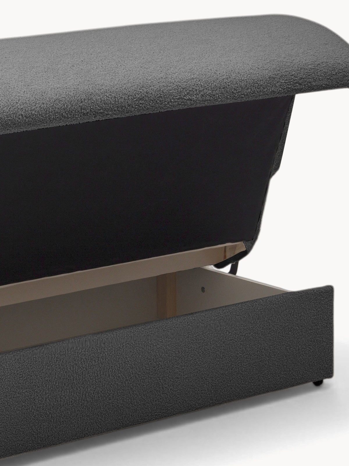 Rozkladacia dvojmiestna pohovka Nido 120 cm s úložným priestorom, sivý boucle Quelle 92, otvorený úložný box